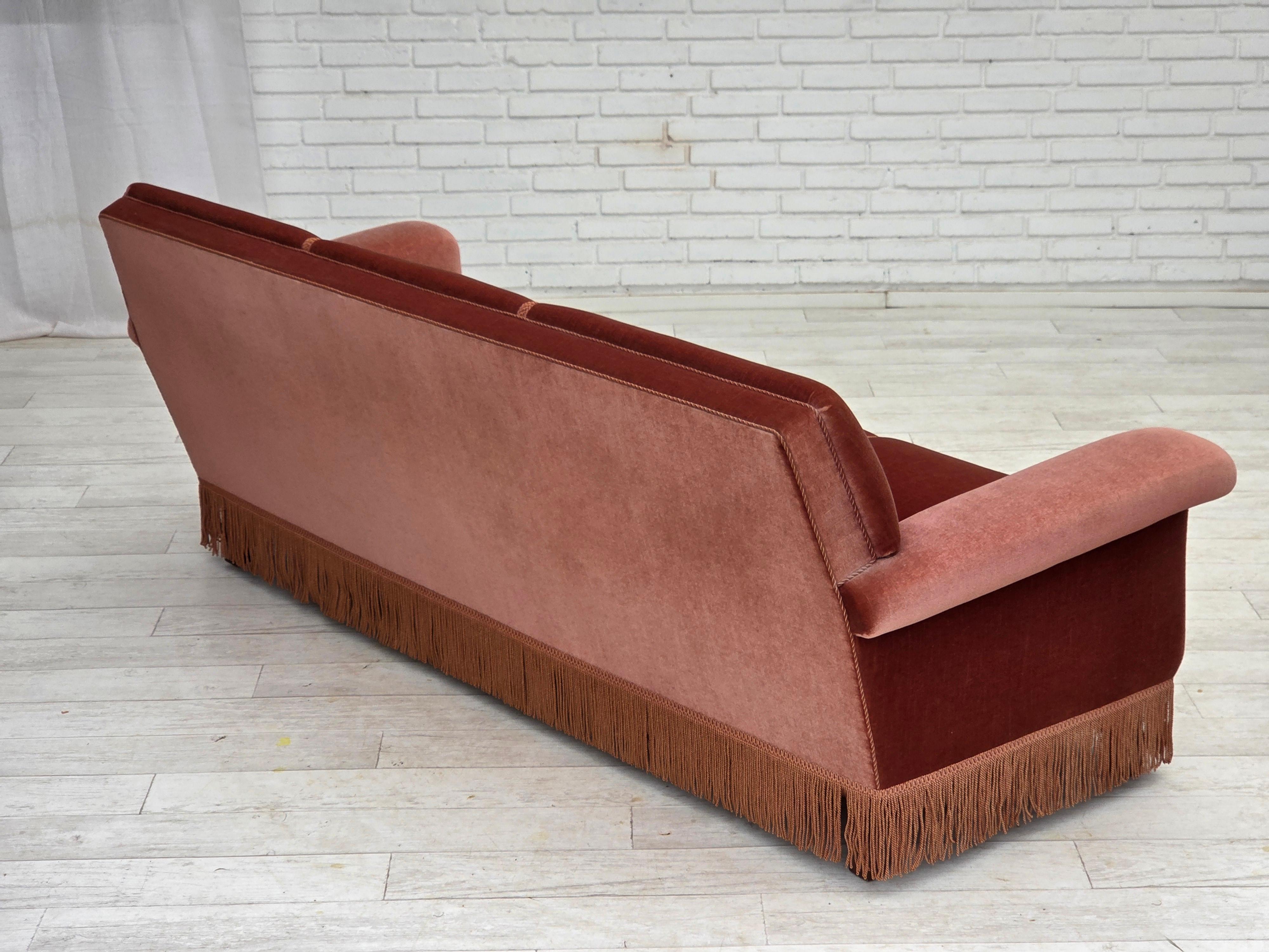 1970s, Danish 3-seater sofa, salmon pink furniture velour, beech wood. For Sale 3