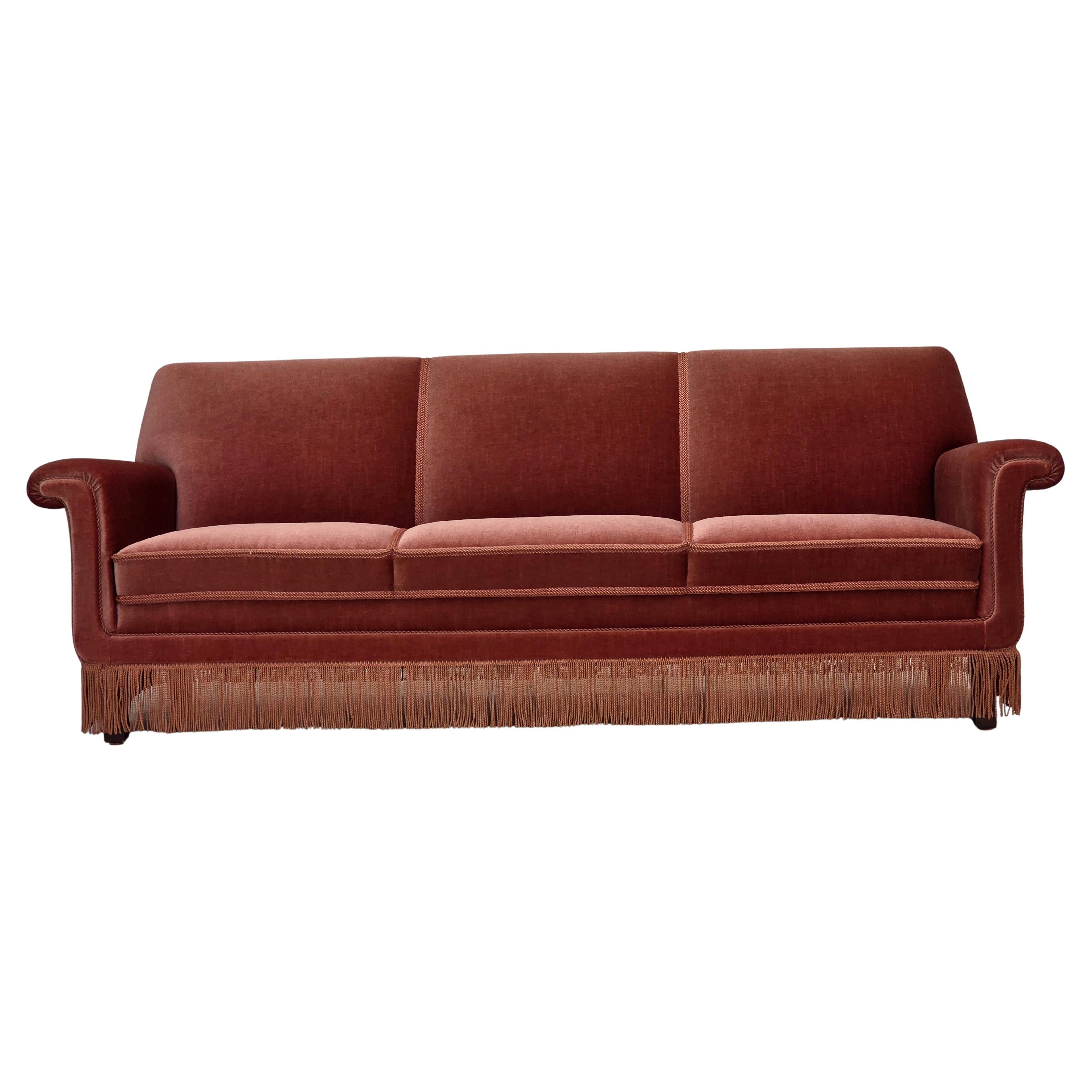 1970s, Danish 3-seater sofa, salmon pink furniture velour, beech wood. For Sale