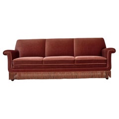 1970s, Danish 3-seater sofa, salmon pink furniture velour, beech wood.