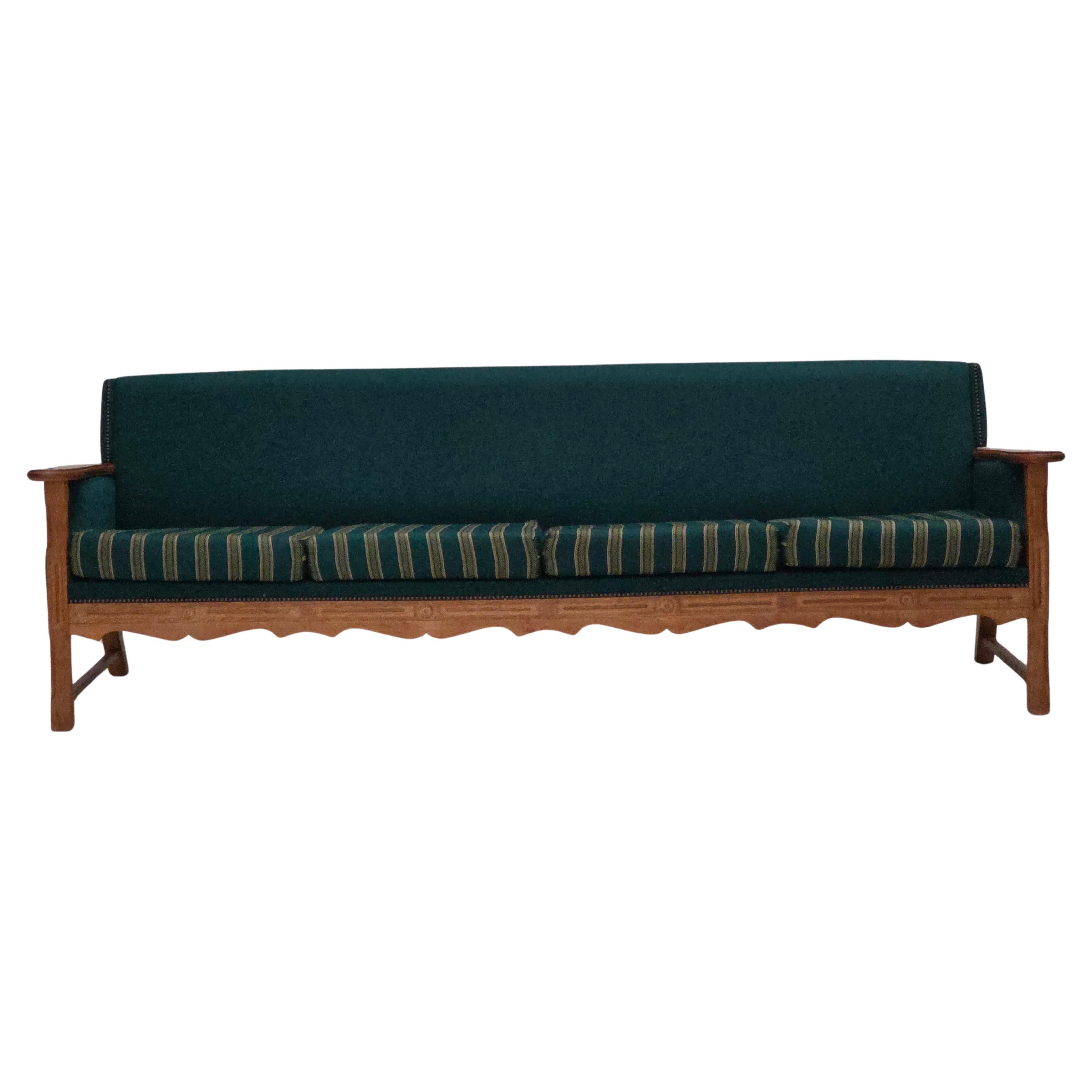 1970s, Danish 4-seater sofa, furniture wool, solid oak wood.