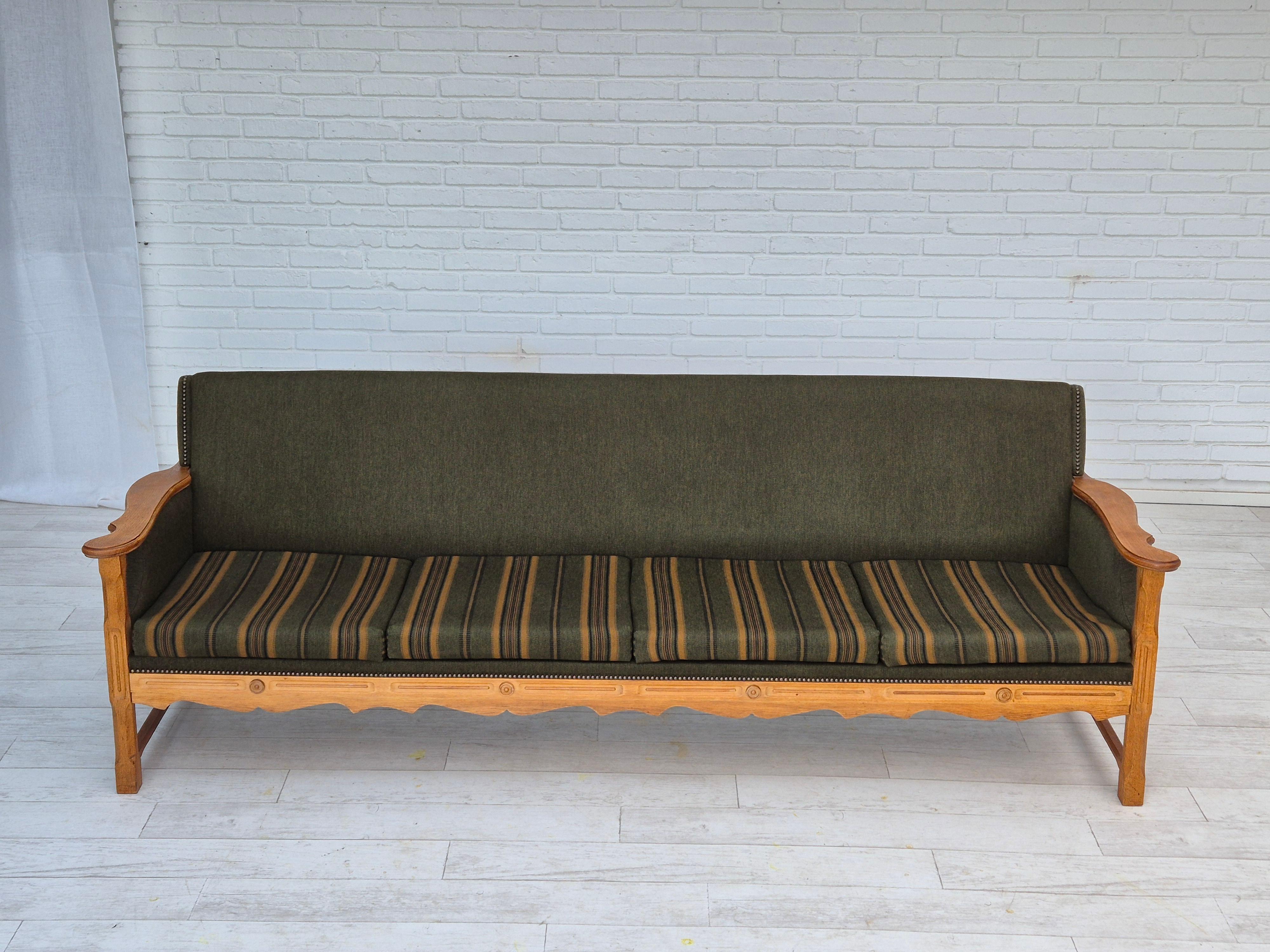 Scandinavian Modern 1970s, Danish 4 seater sofa, original very good condition, wool, oak wood. For Sale