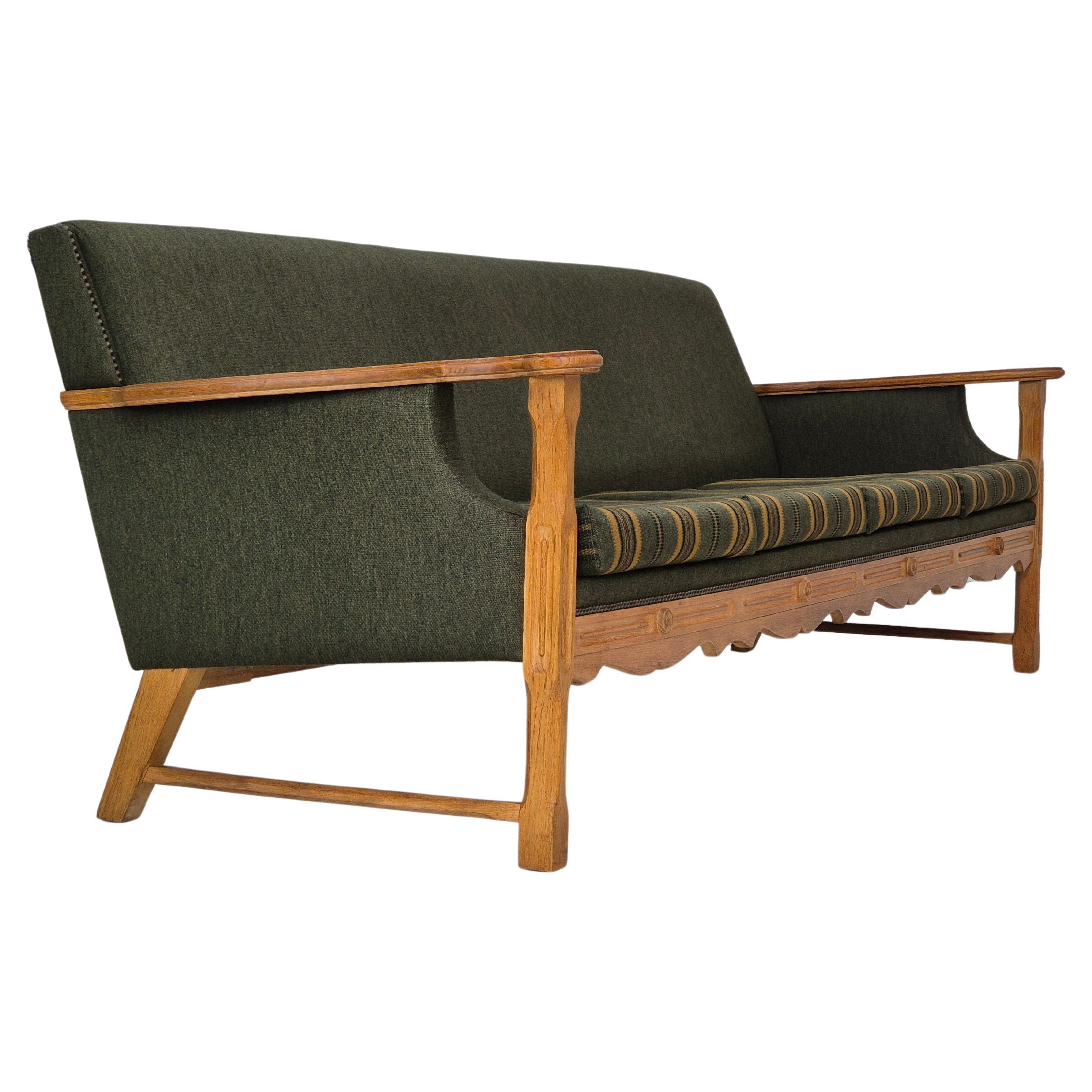 1970s, Danish 4 seater sofa, original very good condition, wool, oak wood. For Sale
