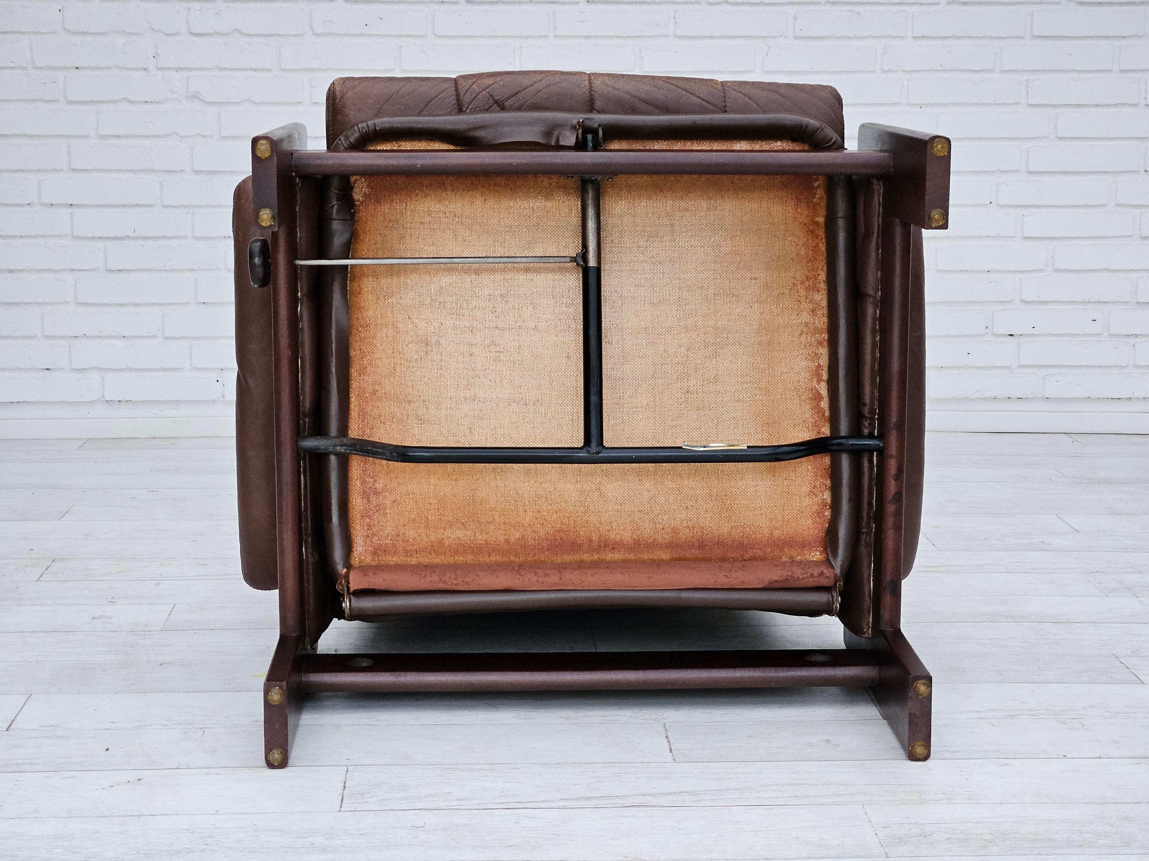 1970s, Danish adjustable lounge chair with footstool, brown leather, by Skippers 13