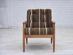 1970, fauteuil Woodeche, bois de hêtre, tissu de laine d'ameublement.