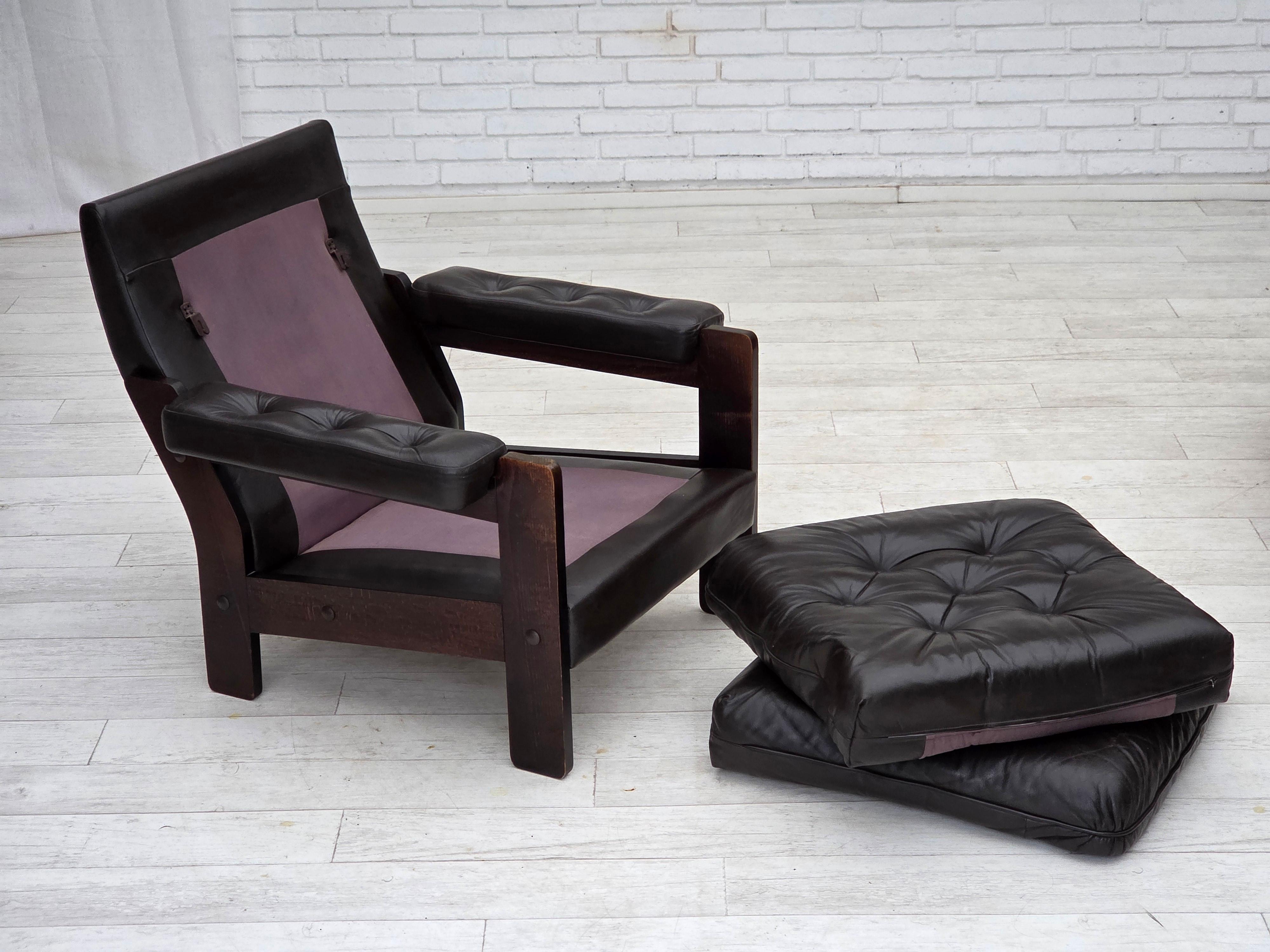 1970, fauteuil danois, cuir d'ameublement marron, bois de chêne. en vente 1