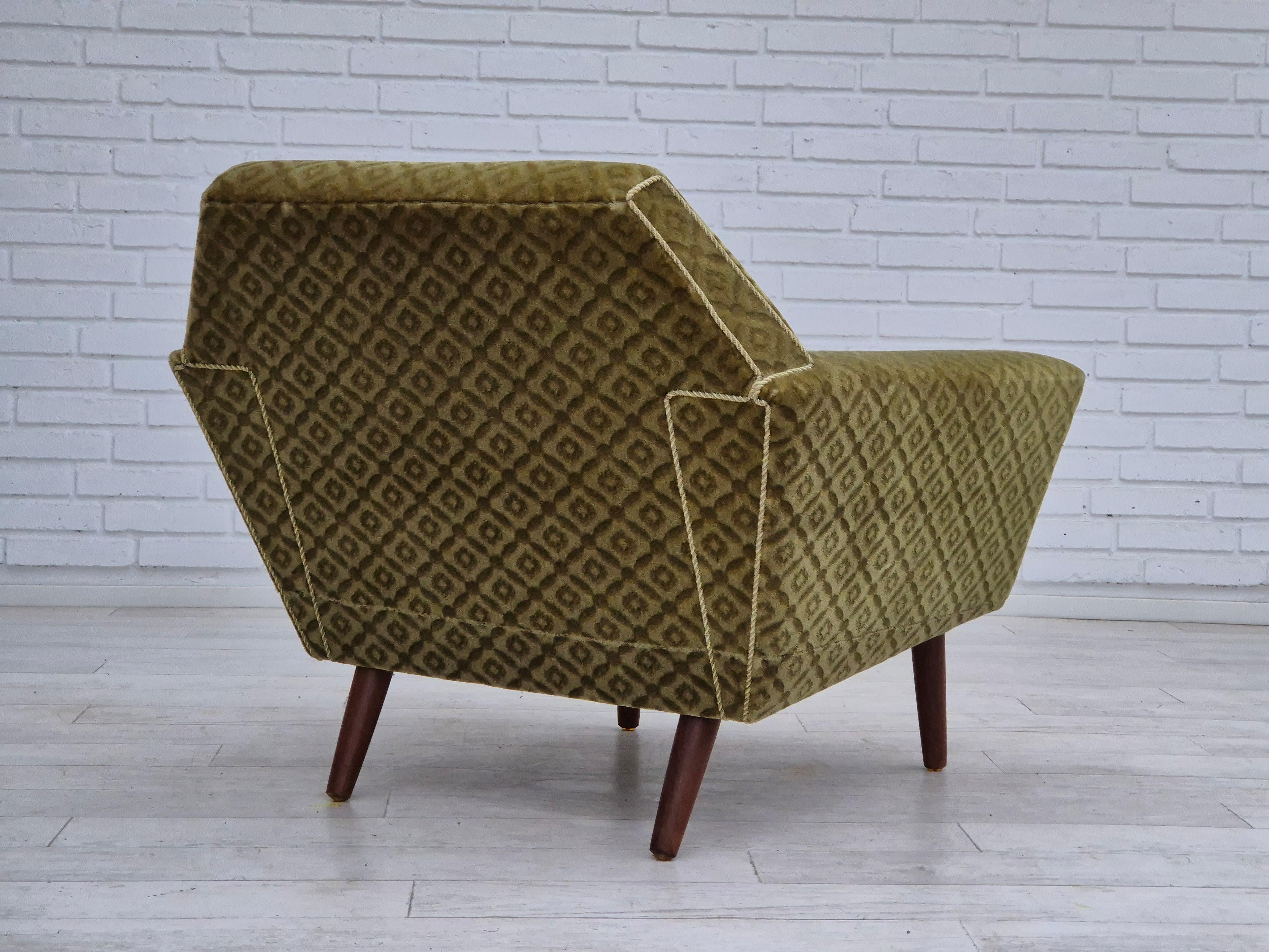 Velvet 1970s, Danish armchair by Georg Thams, original upholstery, green velour, teak. For Sale