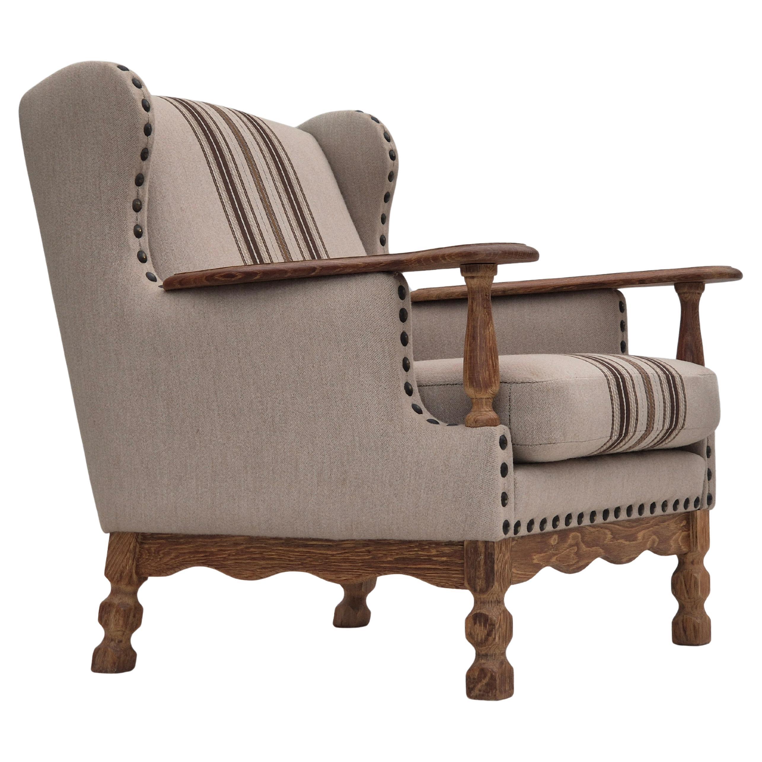 1970s, Danish armchair, furniture wool fabric, oak wood, original condition.