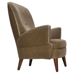1970s, Danish armchair, green furniture velour, beech wood legs.