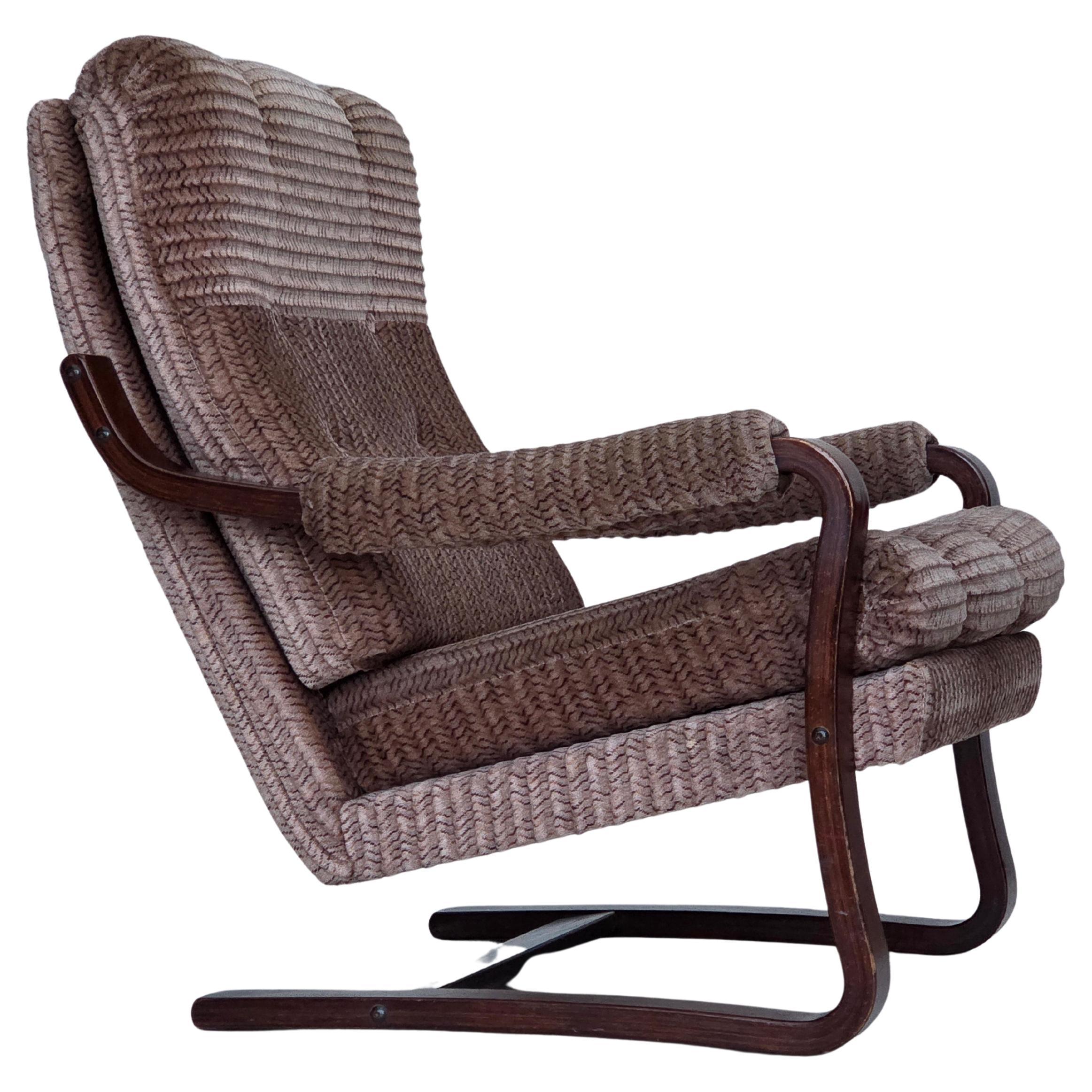 1970s, Danish armchair, light brown furniture corduroy, dark beech wood. For Sale