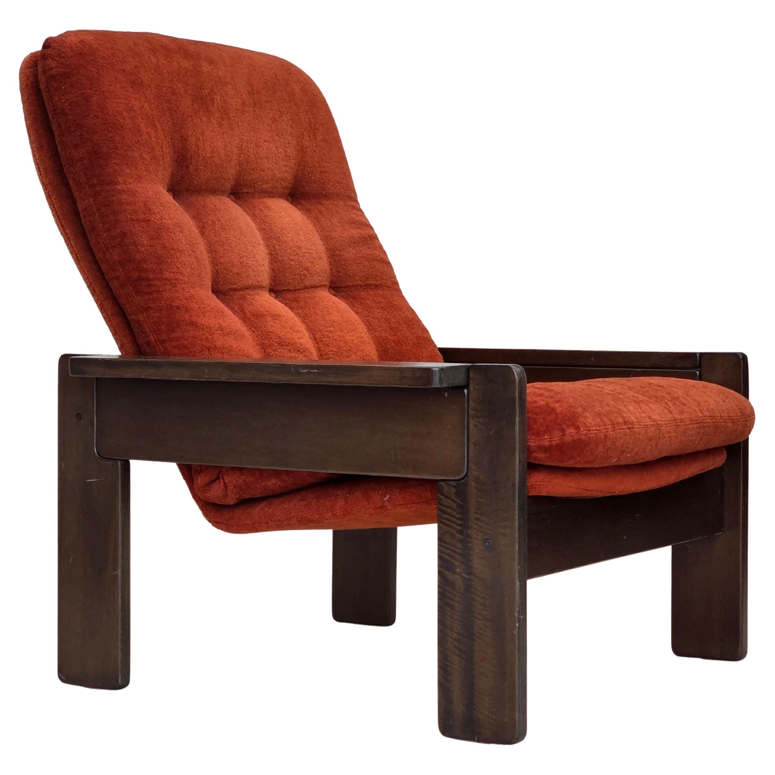 1970s, Danish armchair, orange/red furniture velour, dark oak wood. For Sale