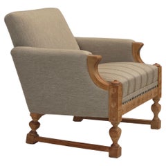 1970, fauteuil danois, laine d'ameublement beige d'origine, bois de chêne massif.