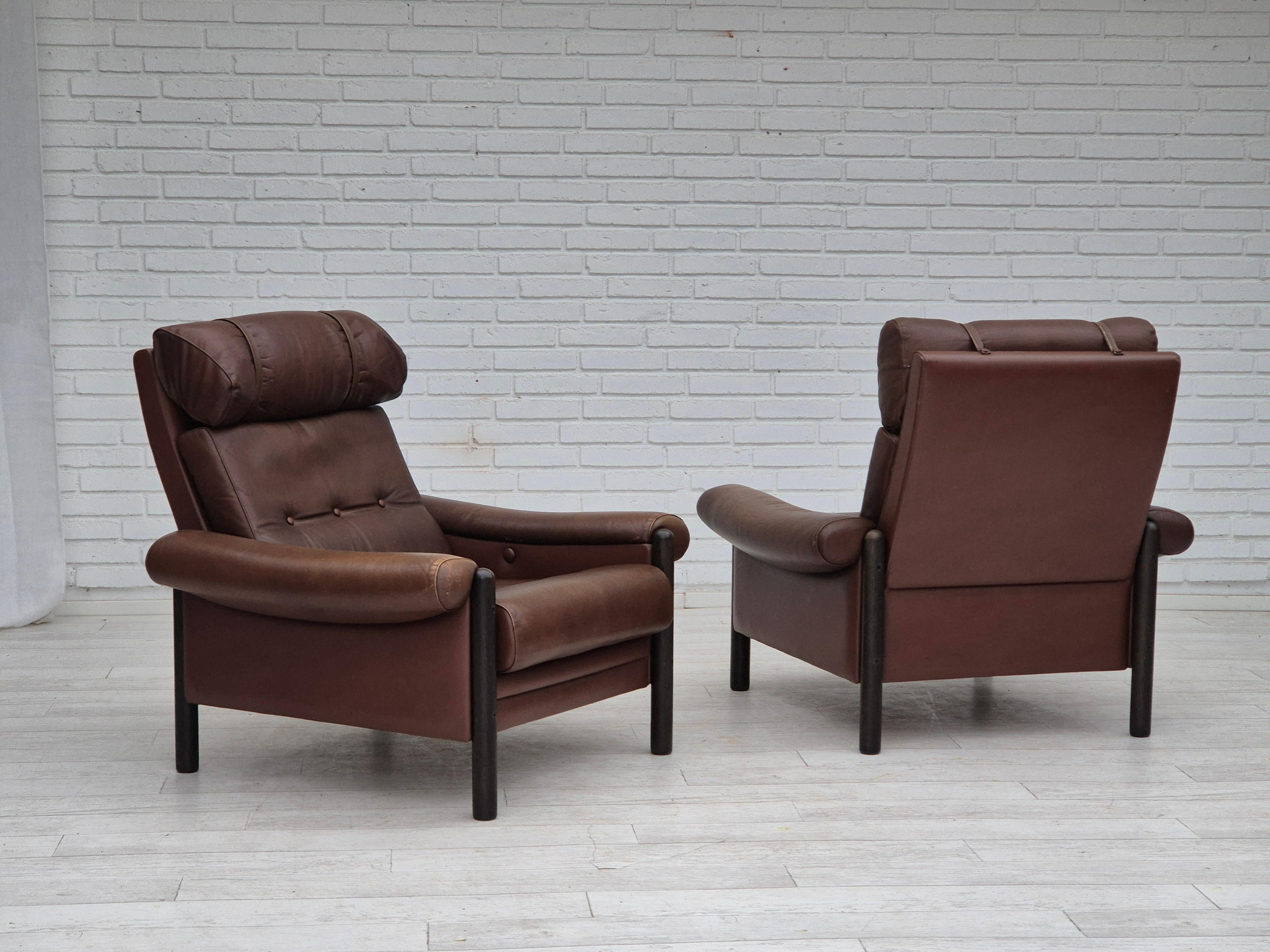1970s, Danish armchair, original condition, furniture leather, dark oak wood. For Sale 4