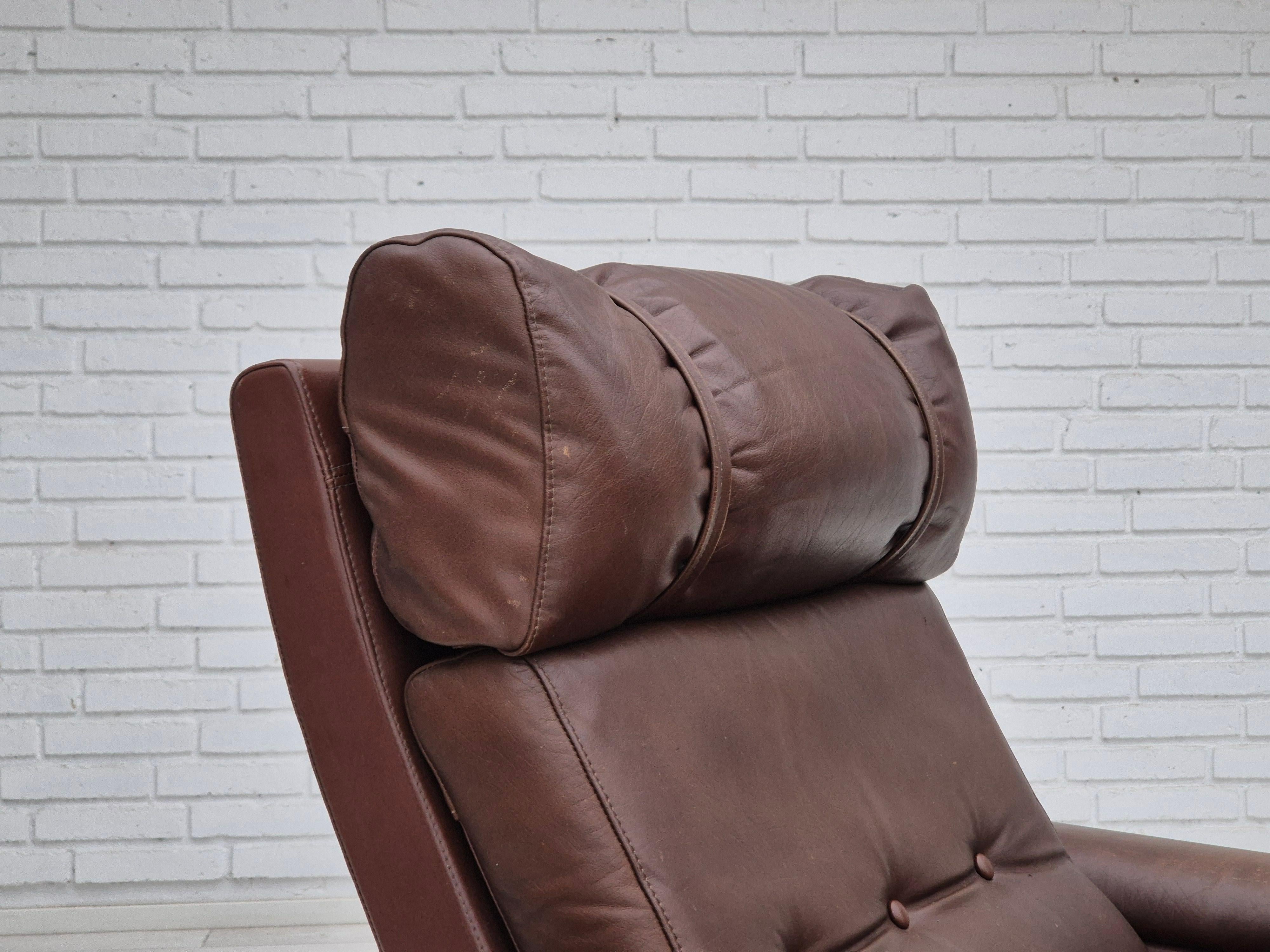 1970s, Danish armchair, original condition, furniture leather, dark oak wood. For Sale 5