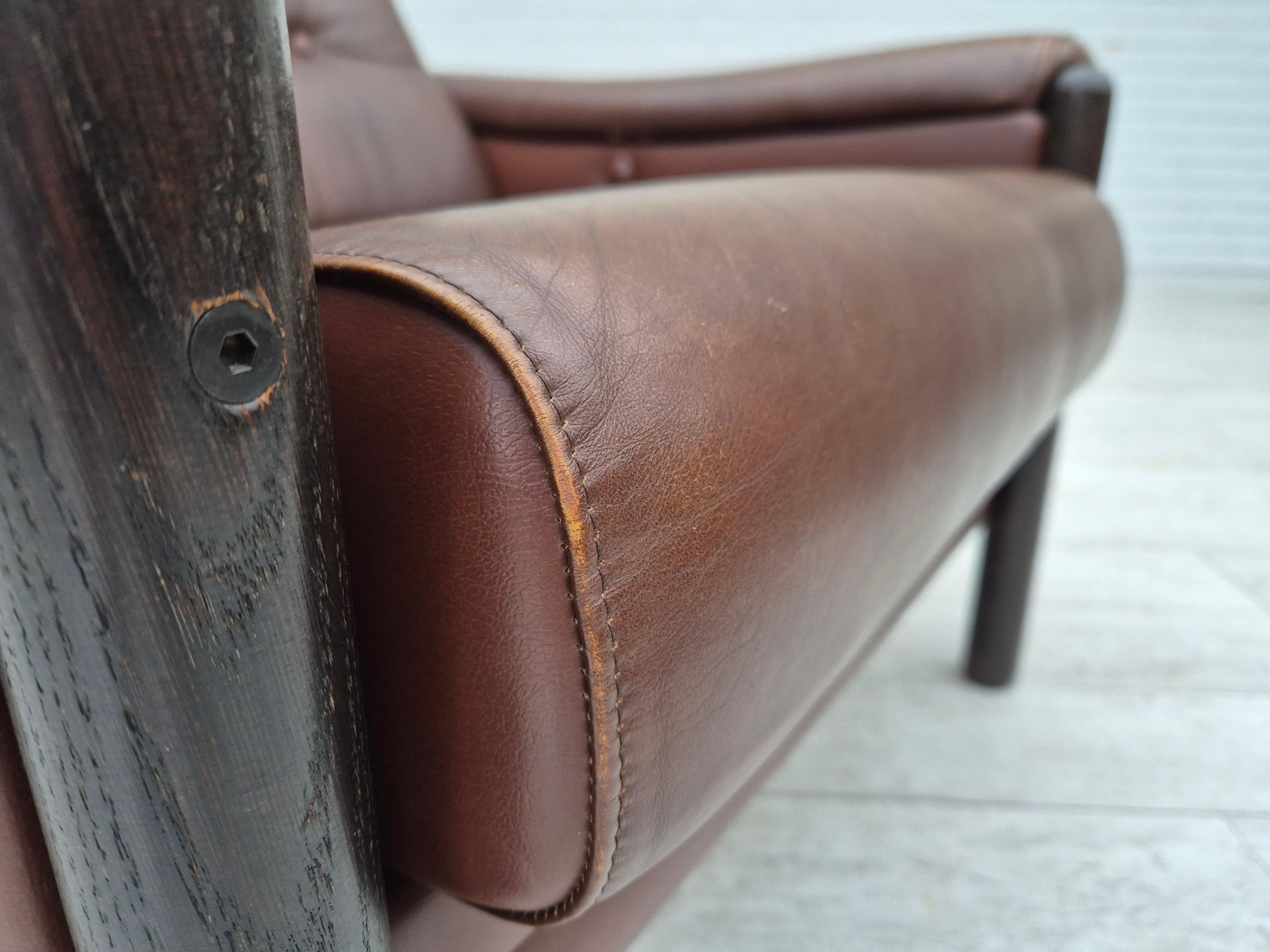 1970s, Danish armchair, original condition, furniture leather, dark oak wood. For Sale 6