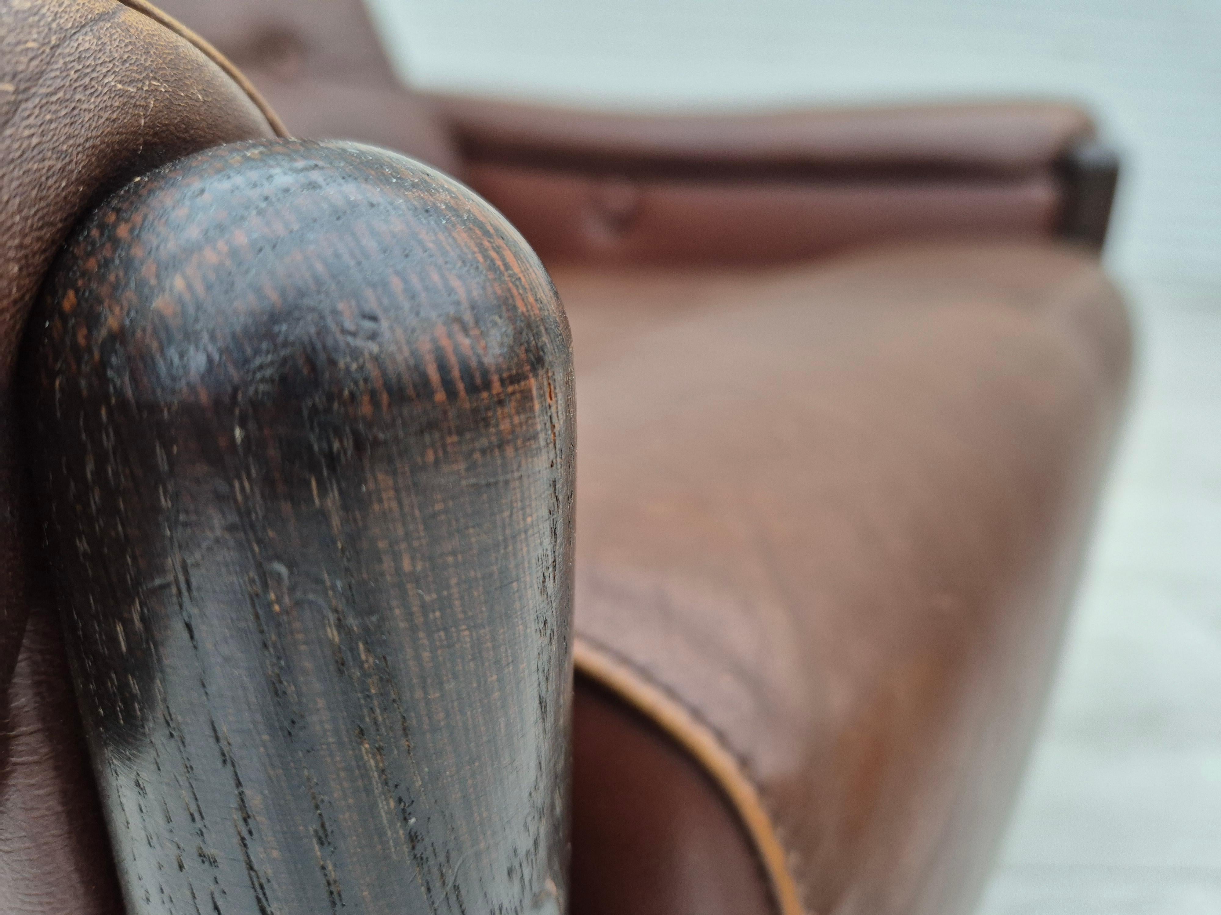 1970s, Danish armchair, original condition, furniture leather, dark oak wood. For Sale 7