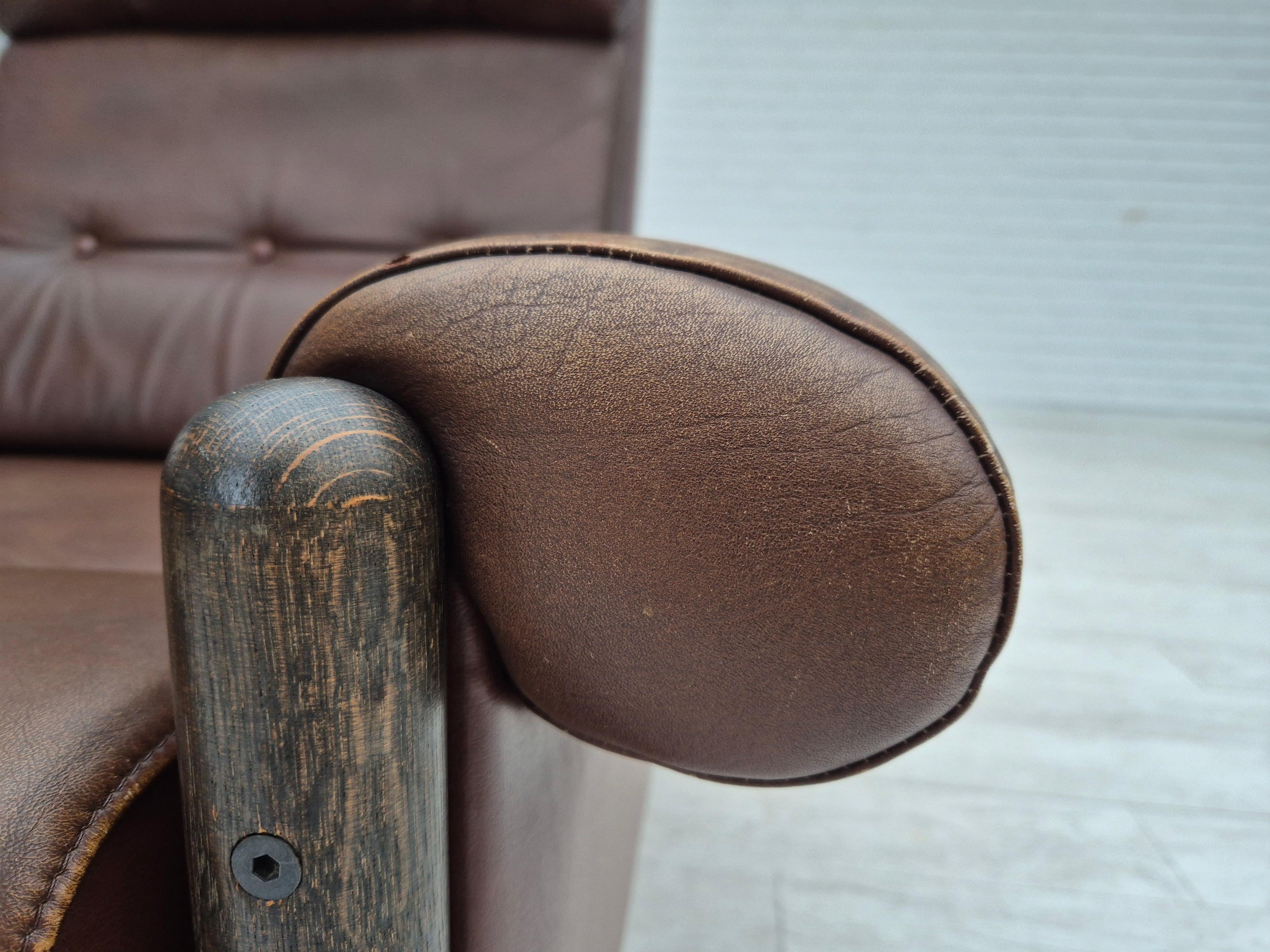 1970s, Danish armchair, original condition, furniture leather, dark oak wood. For Sale 8