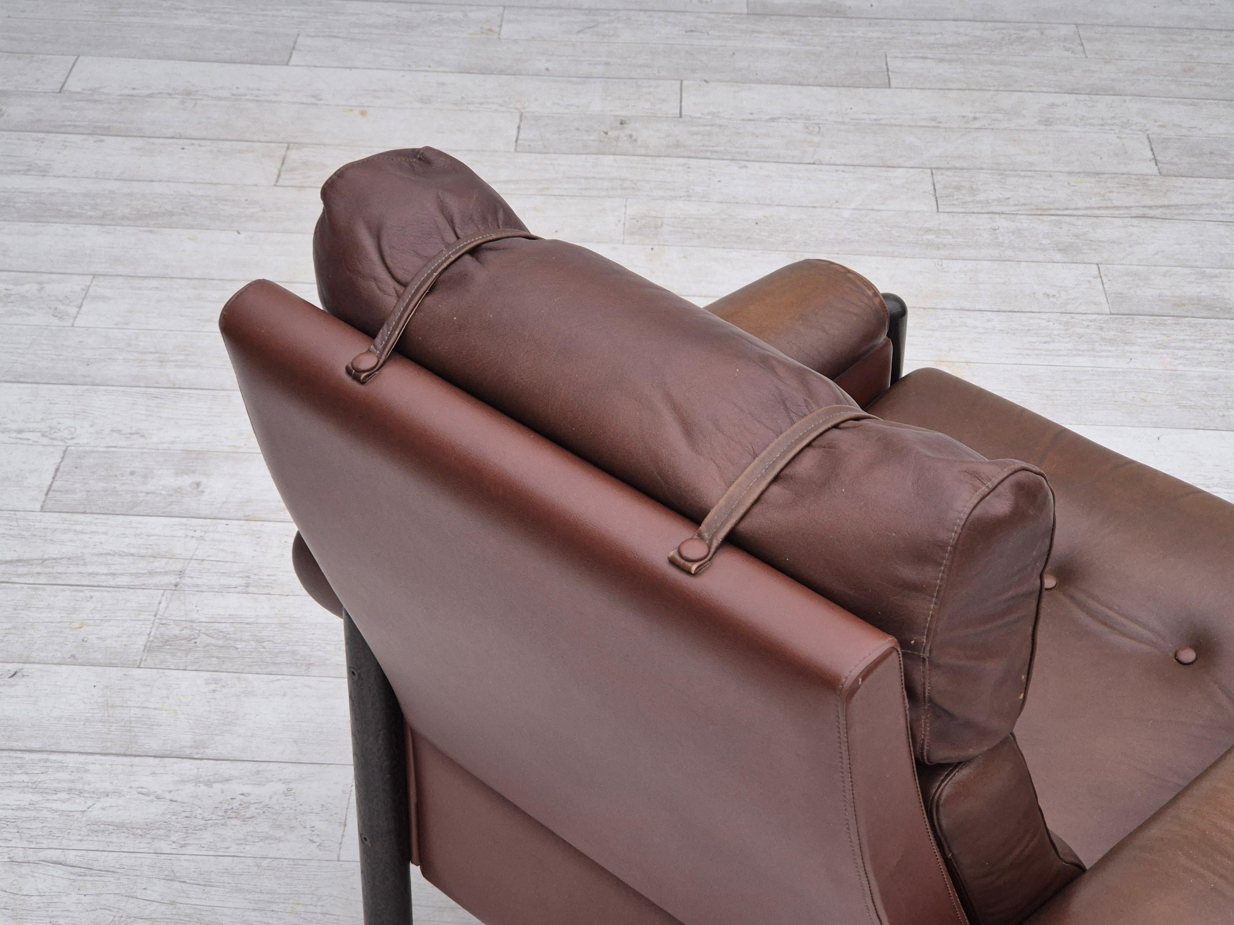 1970s, Danish armchair, original condition, furniture leather, dark oak wood. For Sale 10
