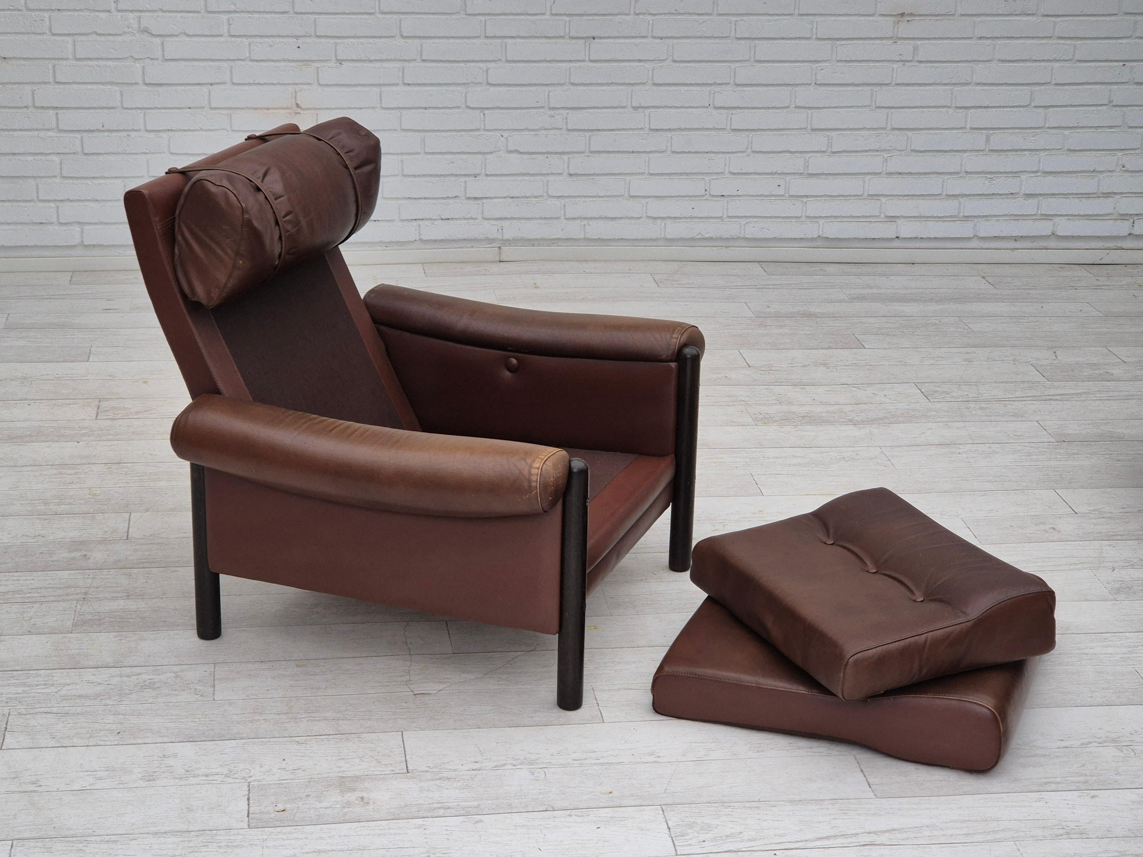 1970s, Danish armchair, original condition, furniture leather, dark oak wood. For Sale 11