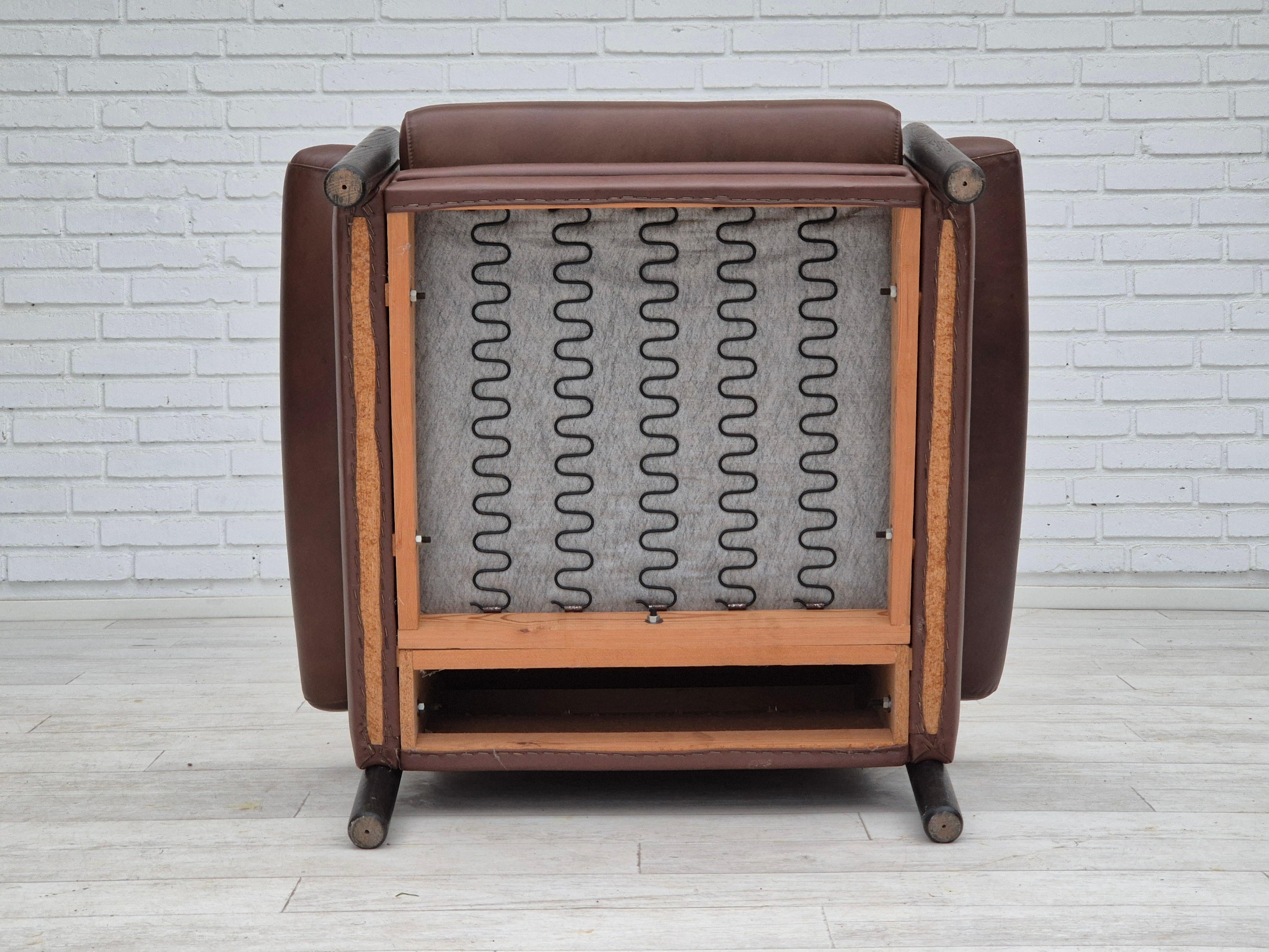 1970s, Danish armchair, original condition, furniture leather, dark oak wood. For Sale 12