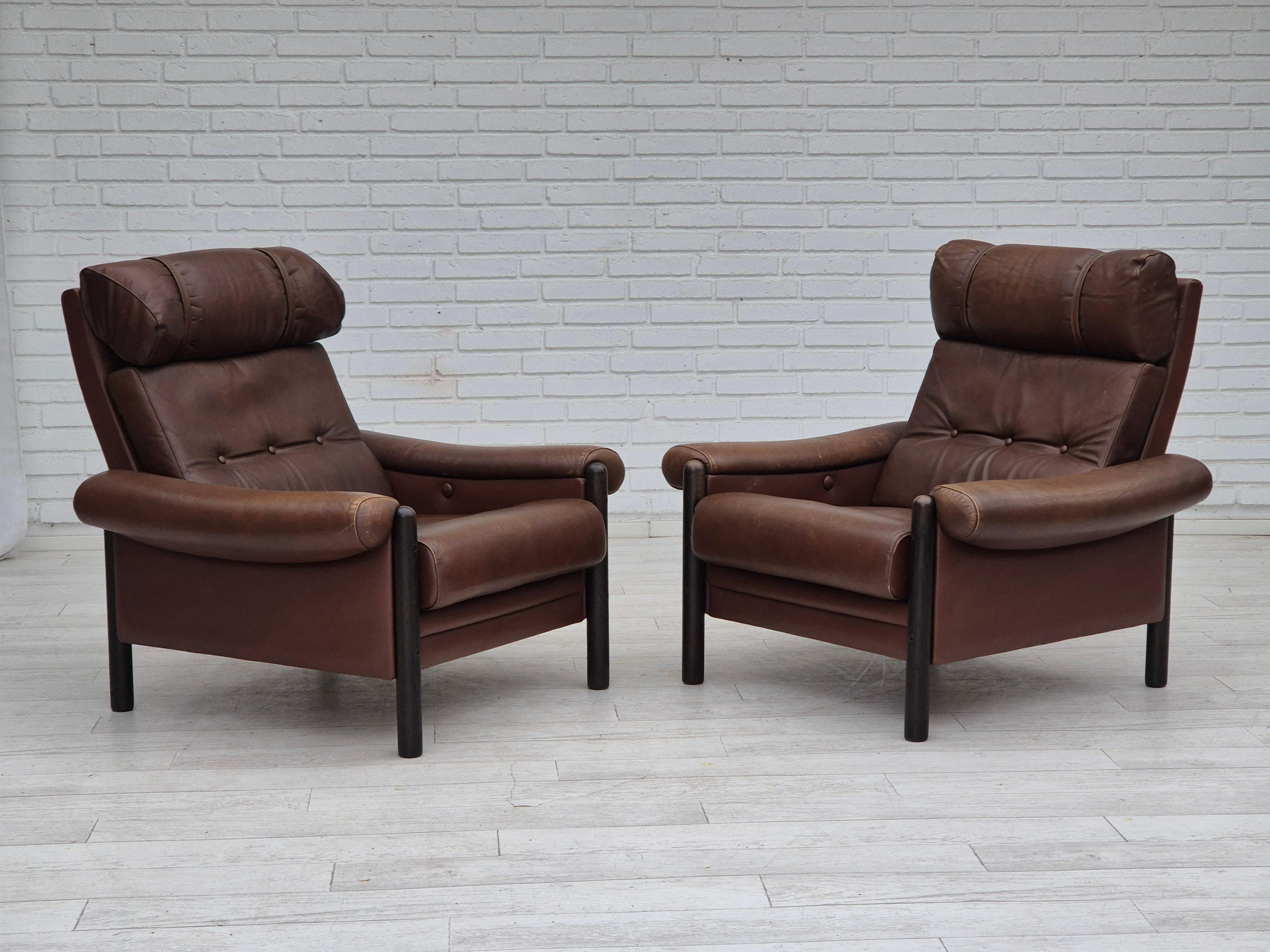 1970s, Danish armchair, original condition, furniture leather, dark oak wood. For Sale 2