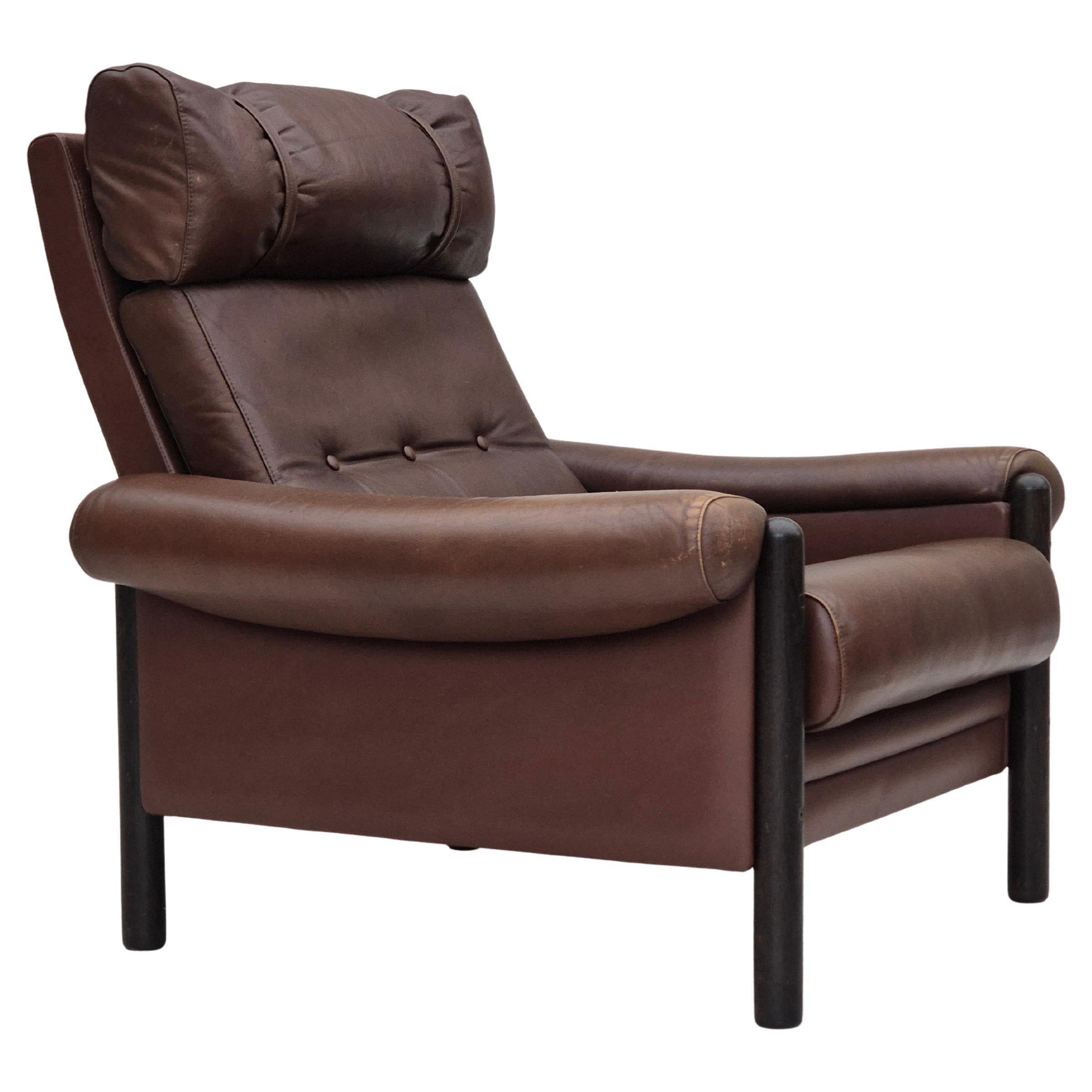 1970s, Danish armchair, original condition, furniture leather, dark oak wood. For Sale