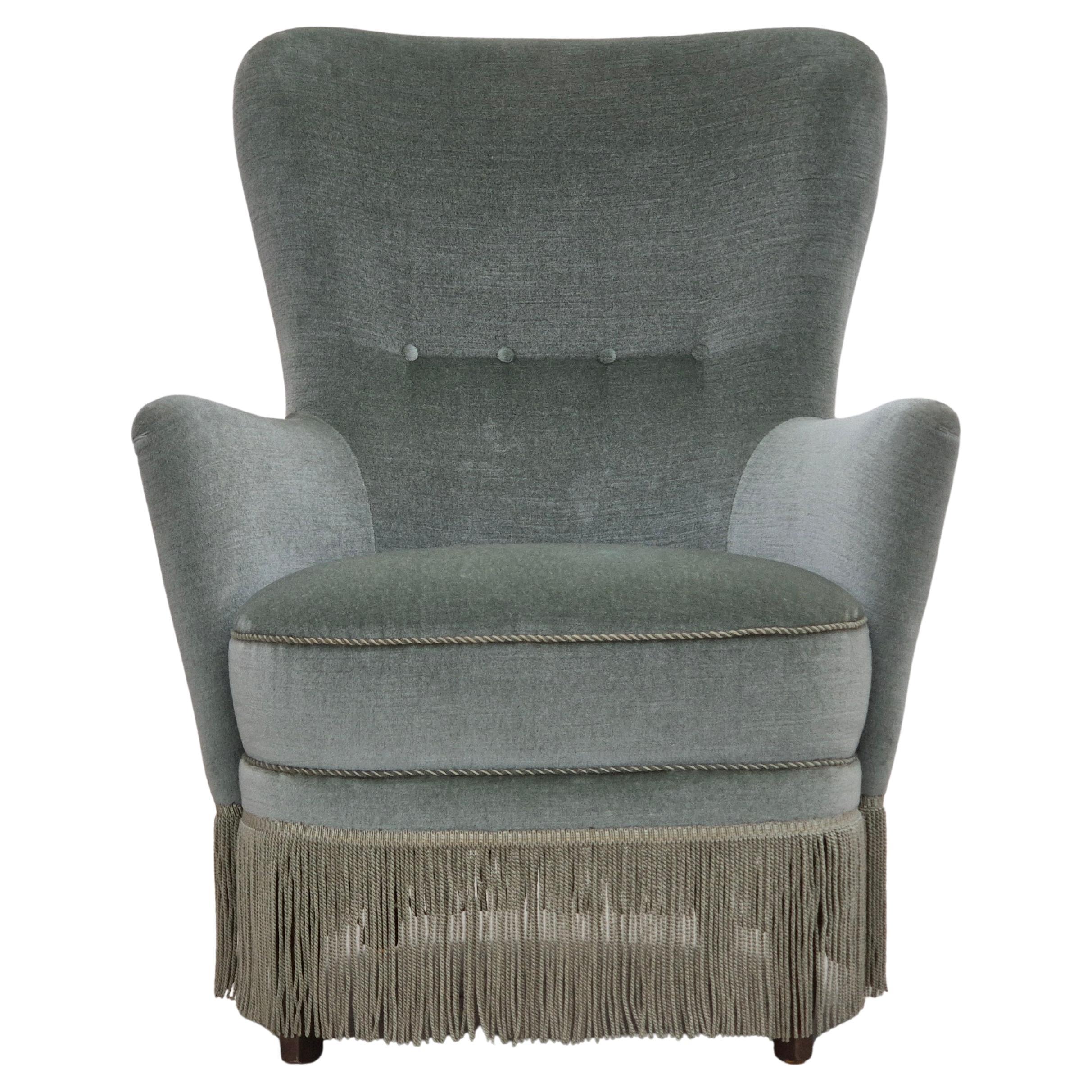1970s, Danish armchair, original condition, furniture velour, beech wood legs.
