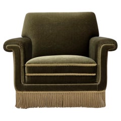 Fauteuil danois des années 1970, velours d'ameublement vert d'origine.