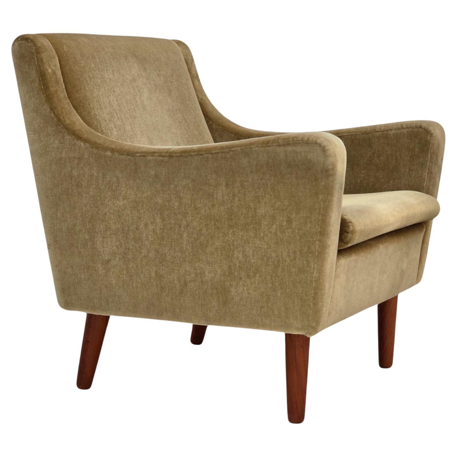 1970s, Danish armchair, original green furniture velour, teak wood legs.