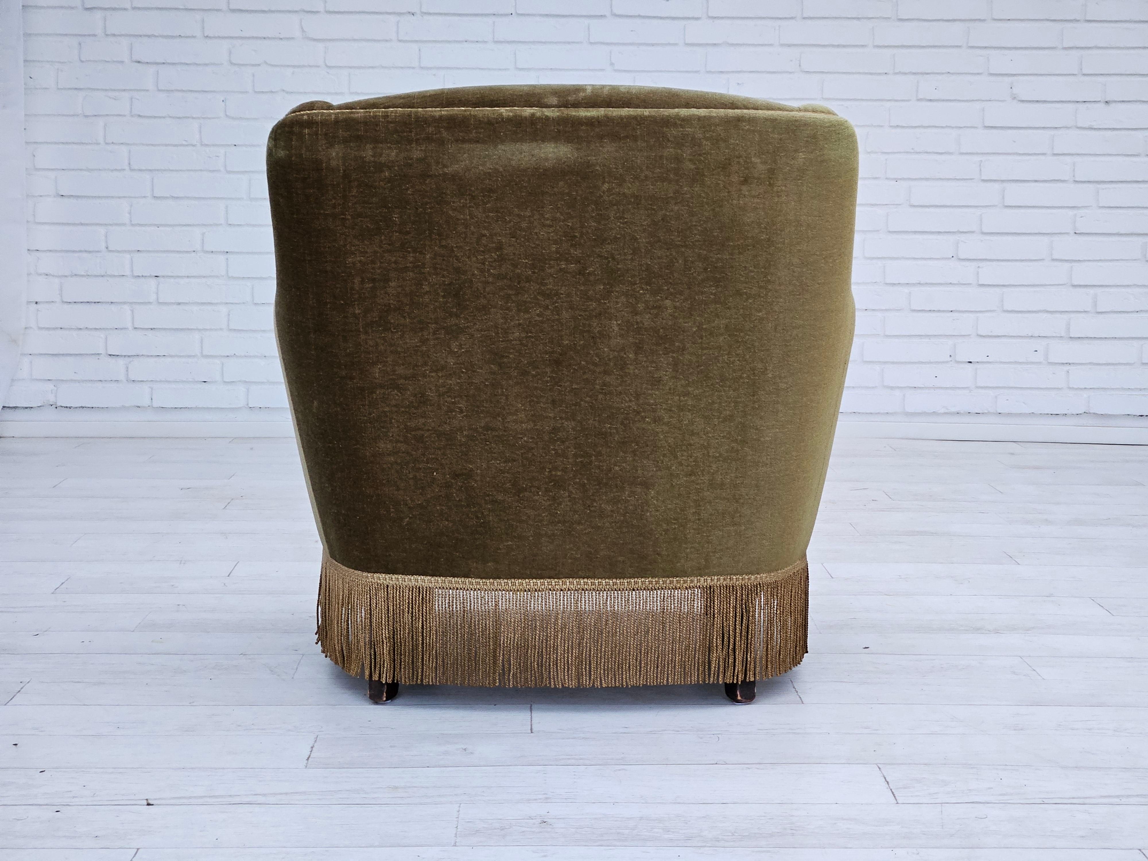 1970s, Danish armchair, original upholstery, olive green velour. 4