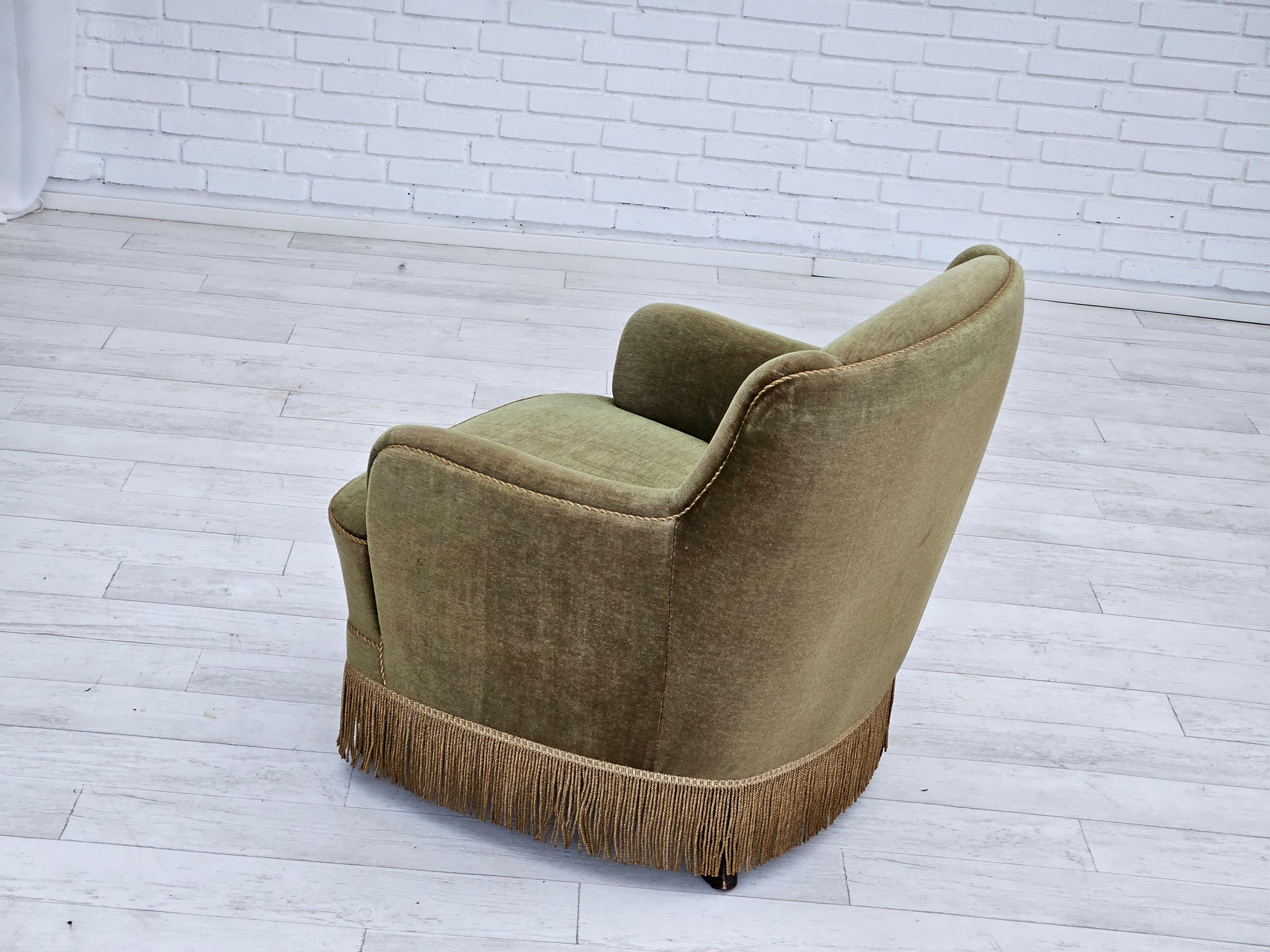1970s, Danish armchair, original upholstery, olive green velour. 5