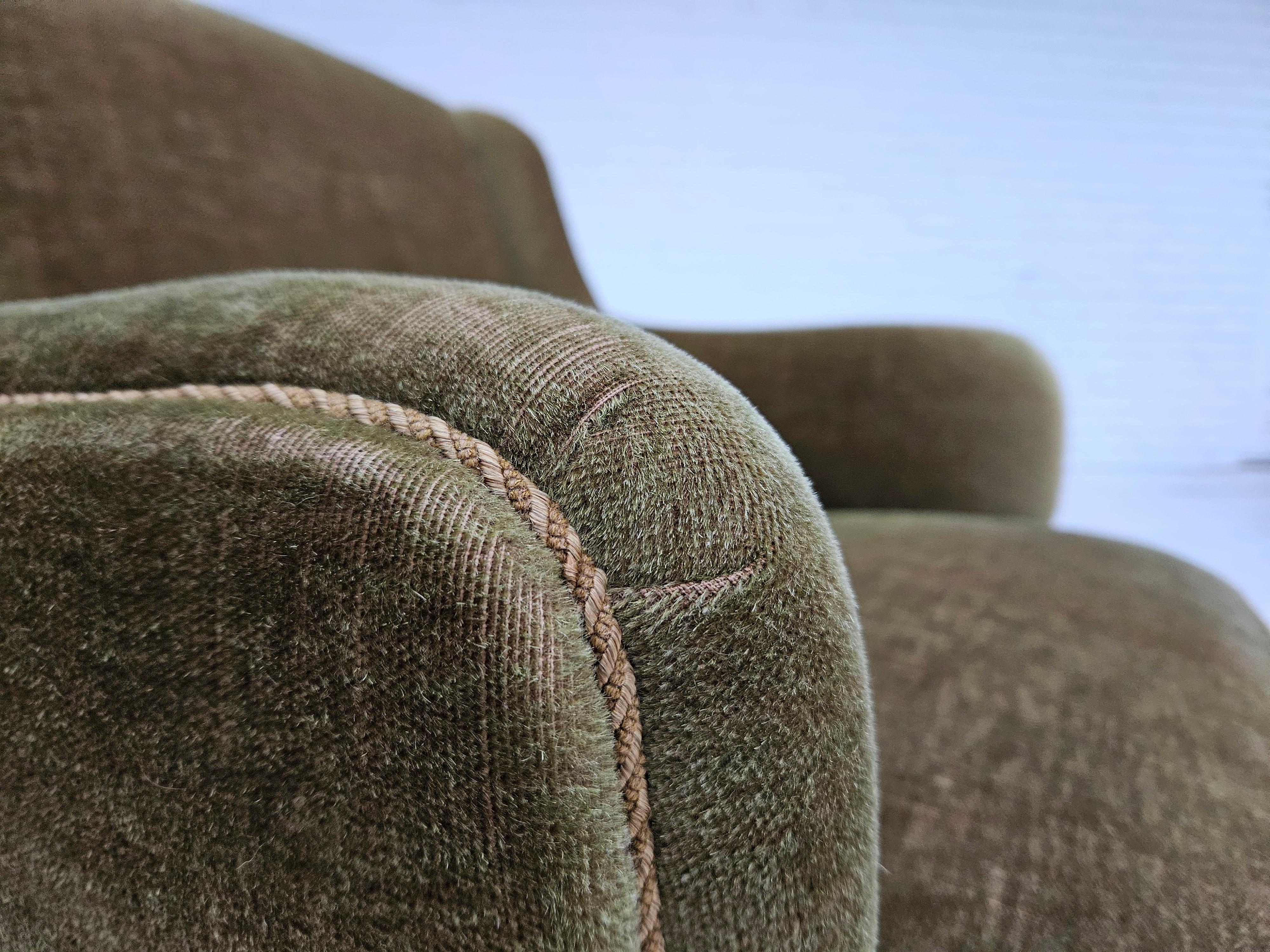1970s, Danish armchair, original upholstery, olive green velour. 6