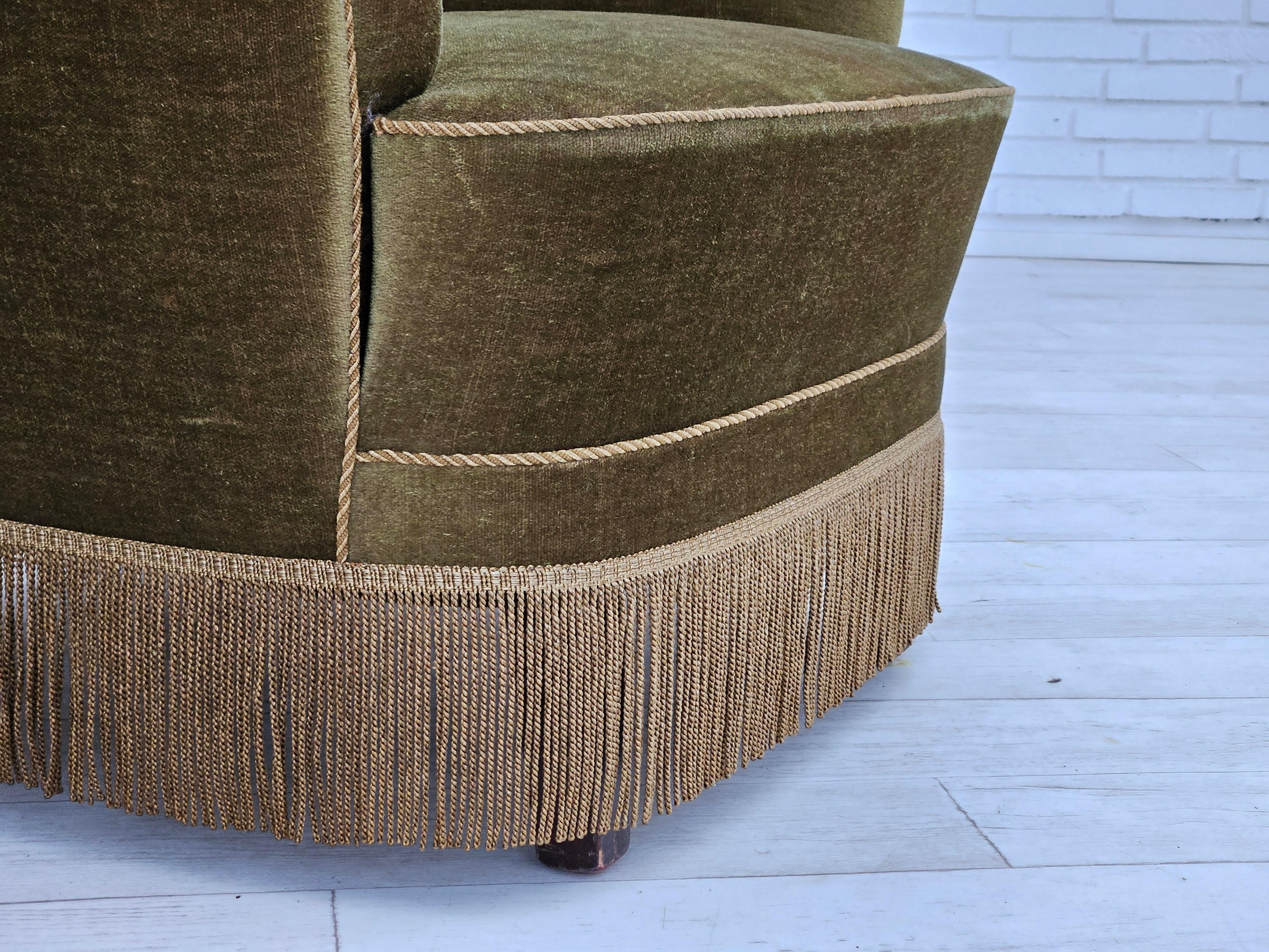 Scandinavian Modern 1970s, Danish armchair, original upholstery, olive green velour.