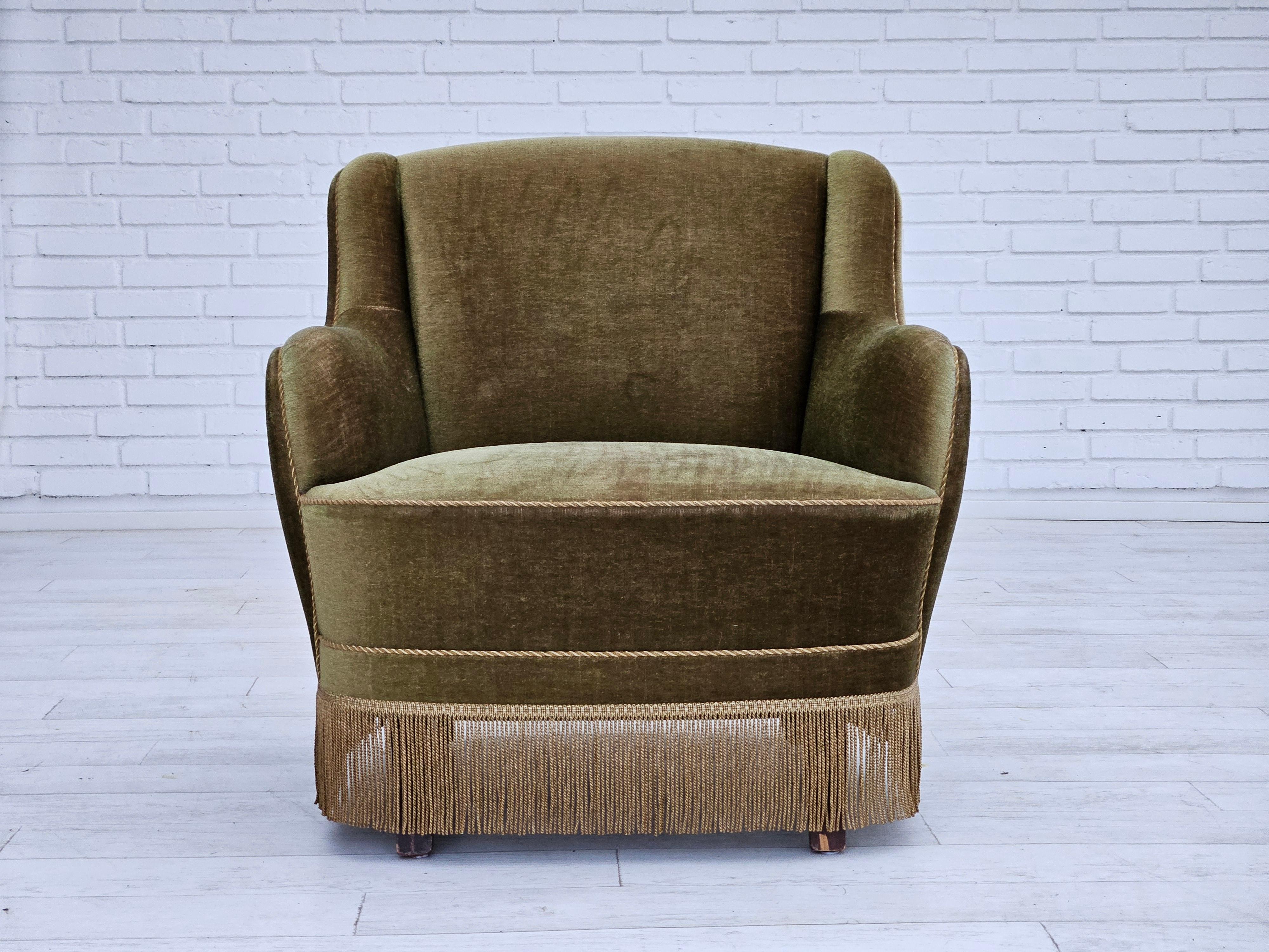 Late 20th Century 1970s, Danish armchair, original upholstery, olive green velour.