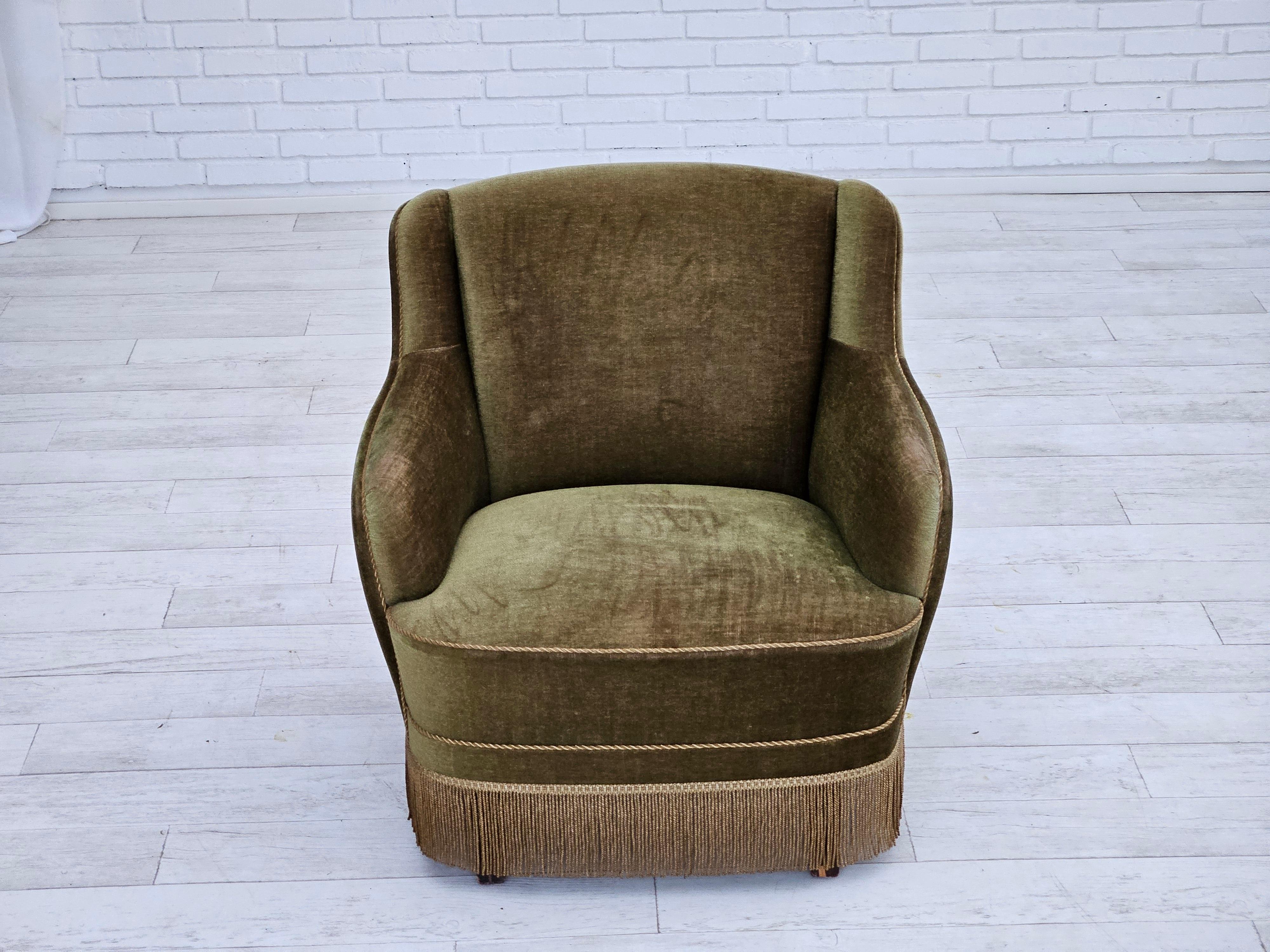 Velvet 1970s, Danish armchair, original upholstery, olive green velour.