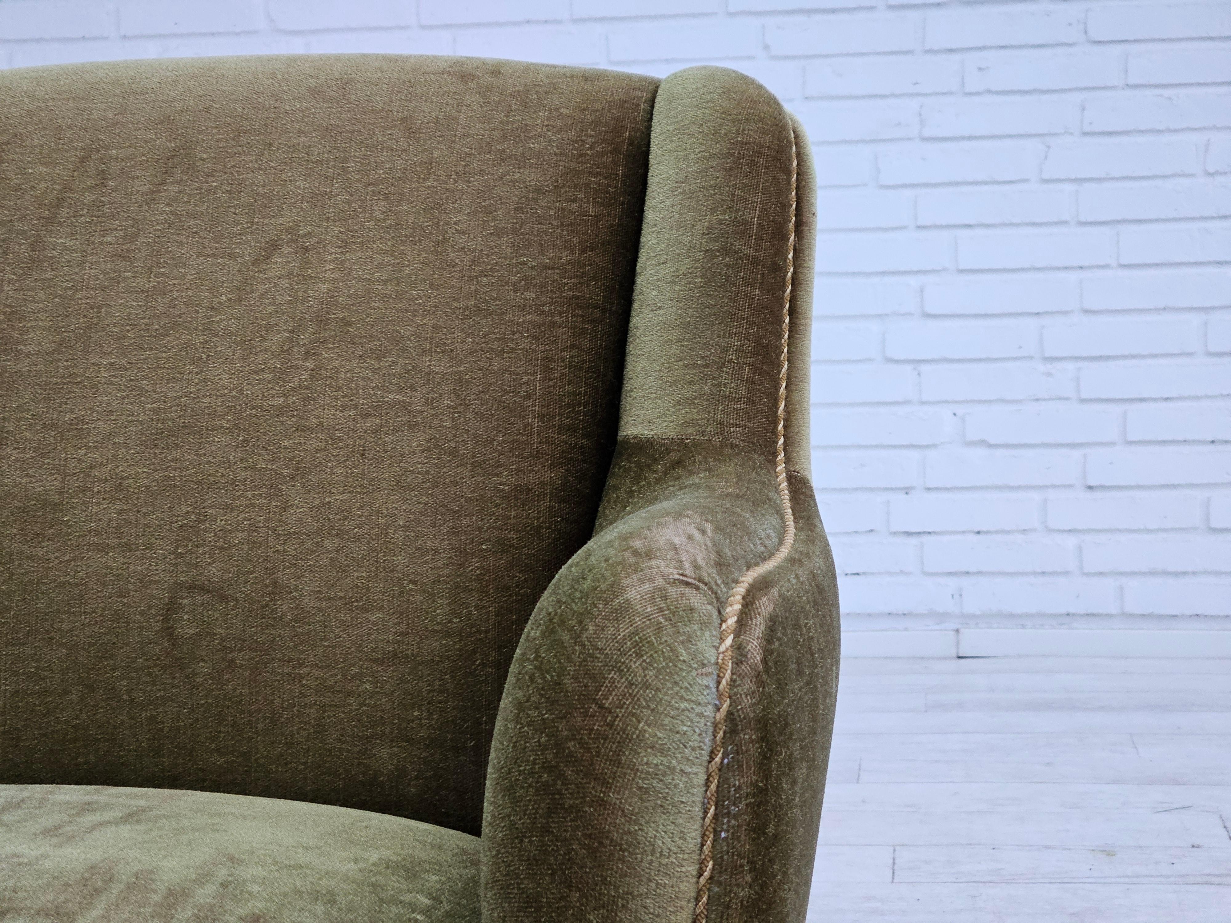 1970s, Danish armchair, original upholstery, olive green velour. 1