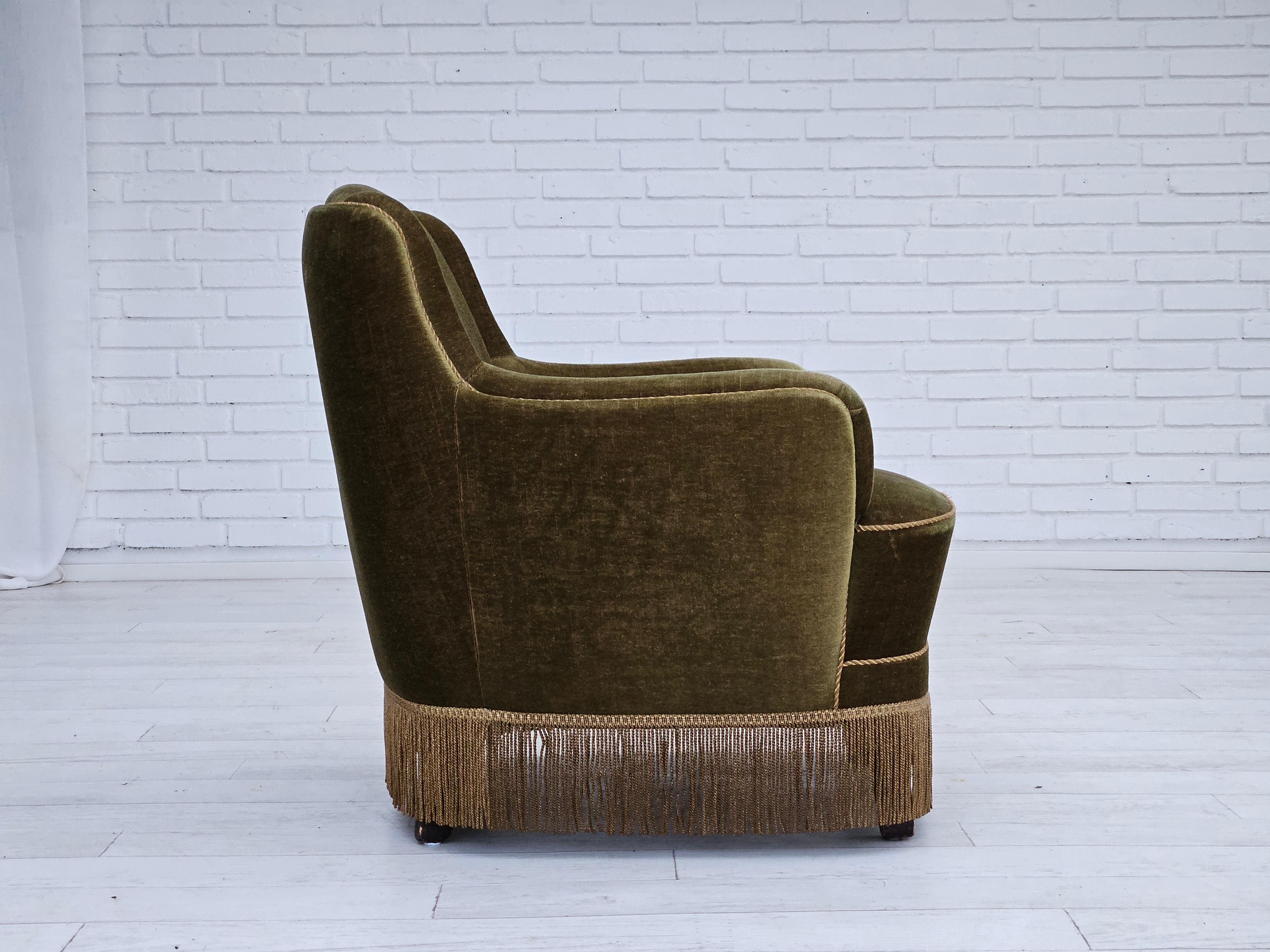1970s, Danish armchair, original upholstery, olive green velour. 2