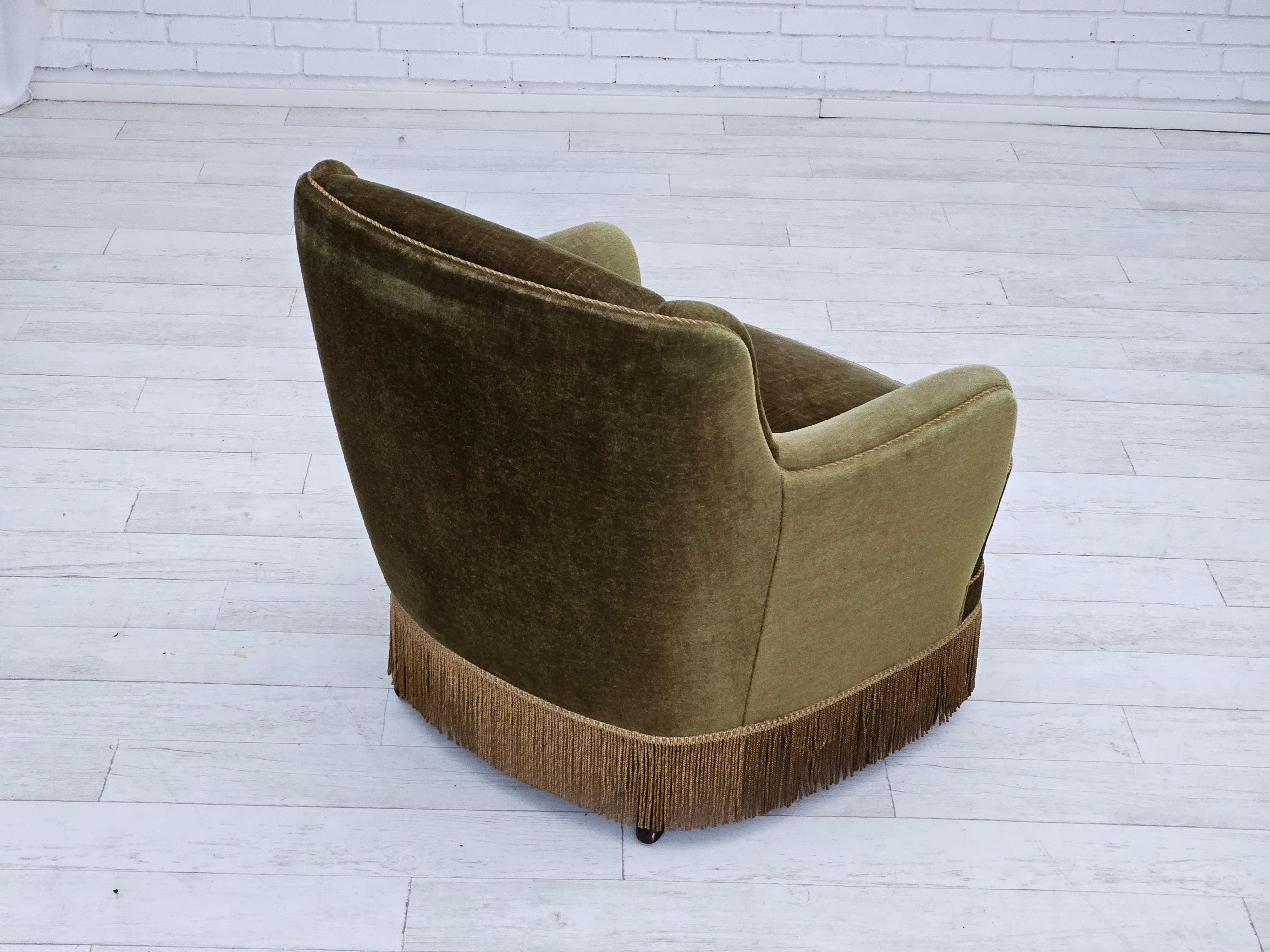 1970s, Danish armchair, original upholstery, olive green velour. 3