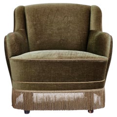 1970s, Danish armchair, original upholstery, olive green velour.