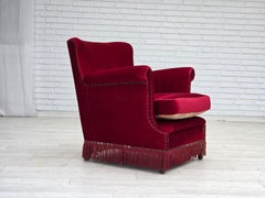 1970s, Danish armchair, red furniture velour, ash wood.