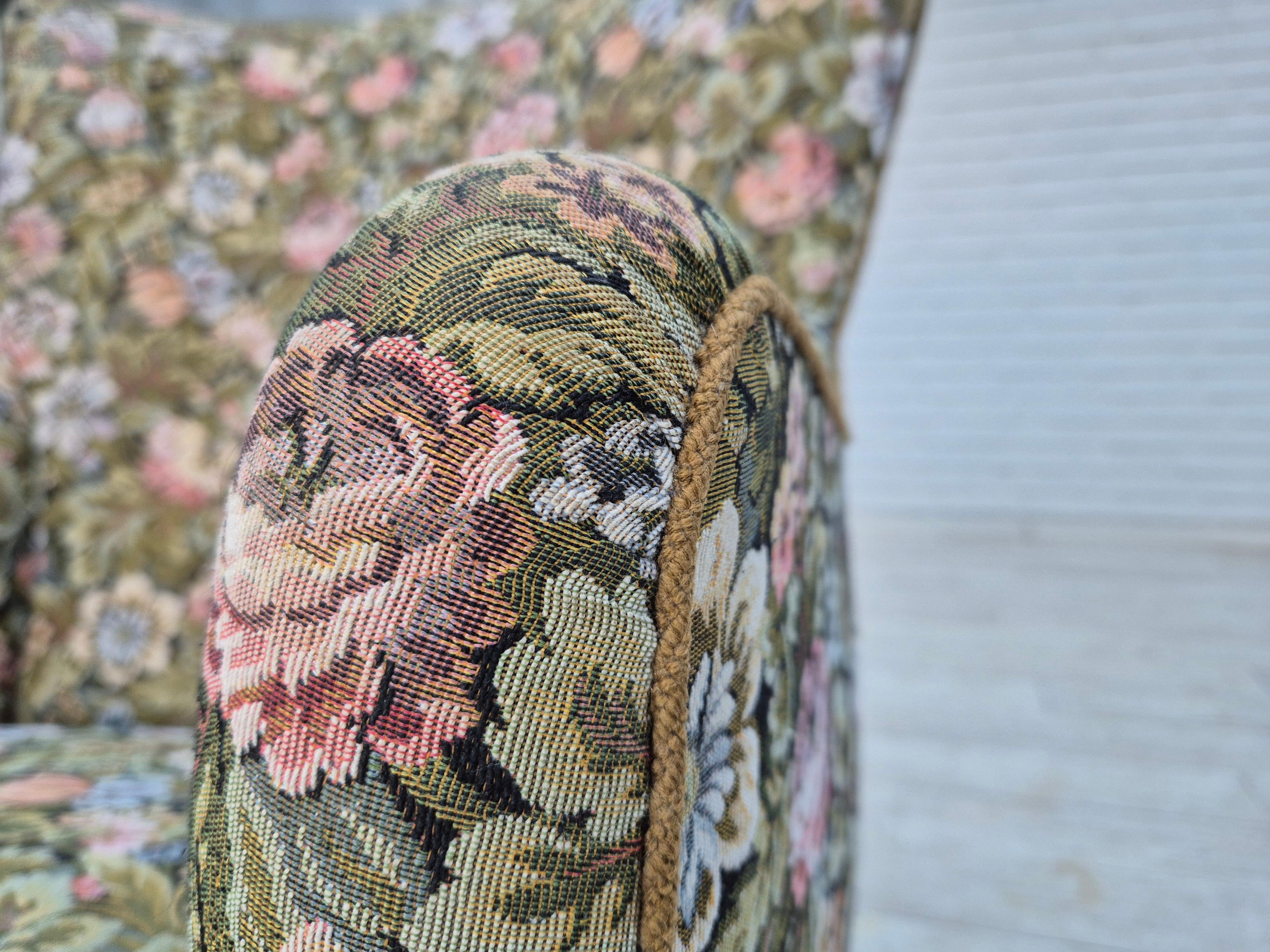 1970s, Danish armchair, reupholstered, flowers furniture fabric. For Sale 6