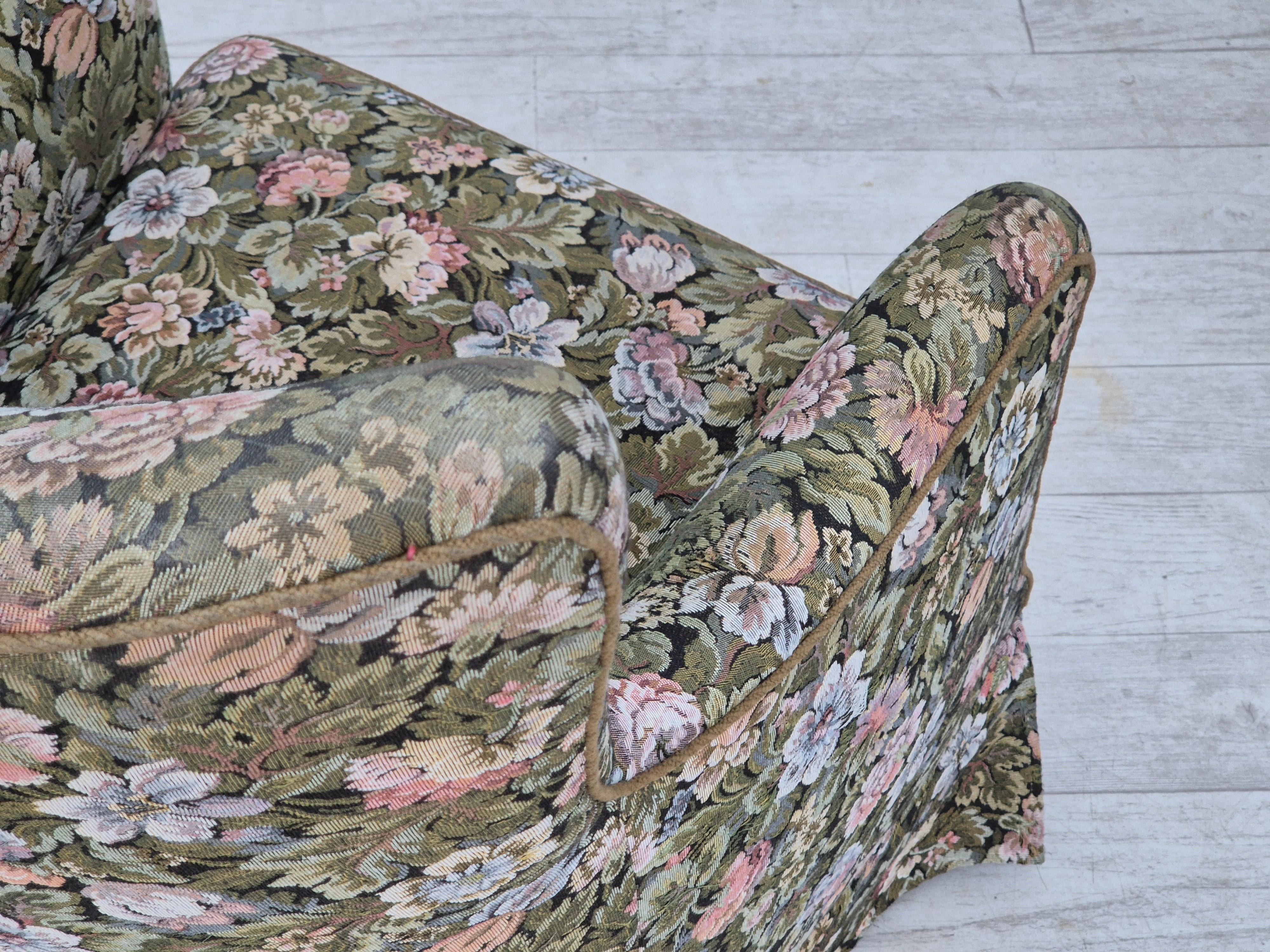 1970s, Danish armchair, reupholstered, flowers furniture fabric. For Sale 7