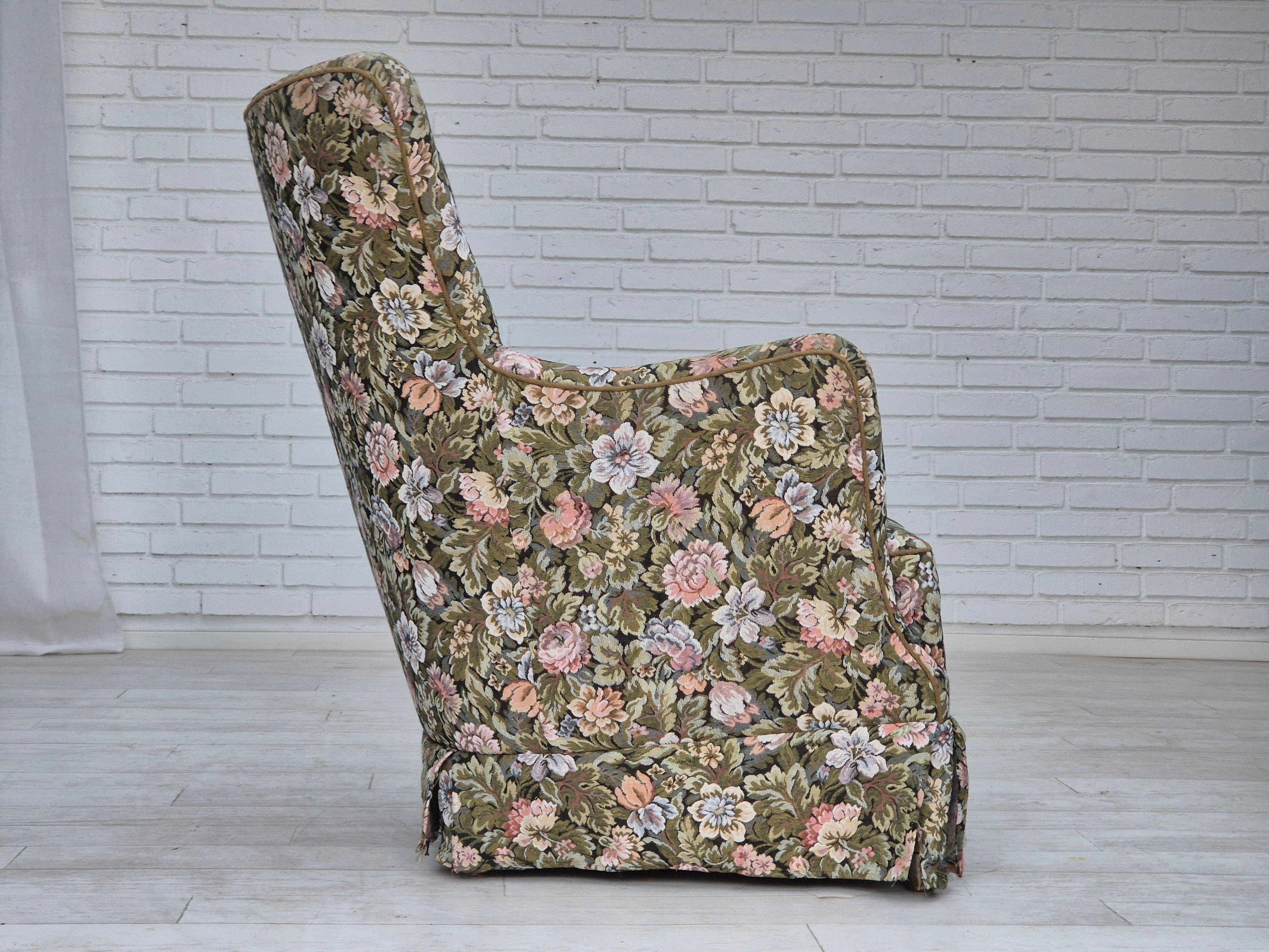 Scandinavian Modern 1970s, Danish armchair, reupholstered, flowers furniture fabric. For Sale