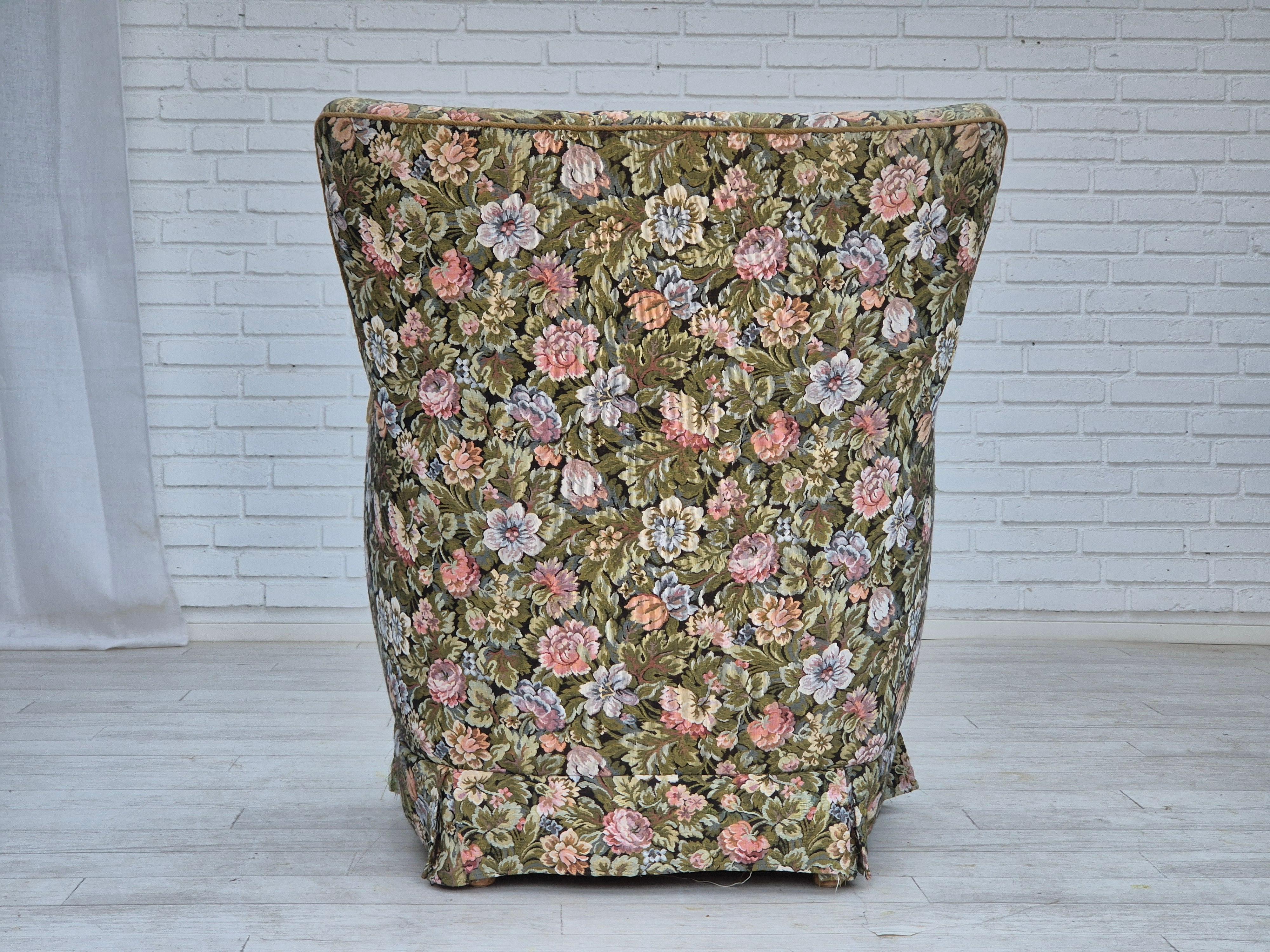 Mid-20th Century 1970s, Danish armchair, reupholstered, flowers furniture fabric. For Sale