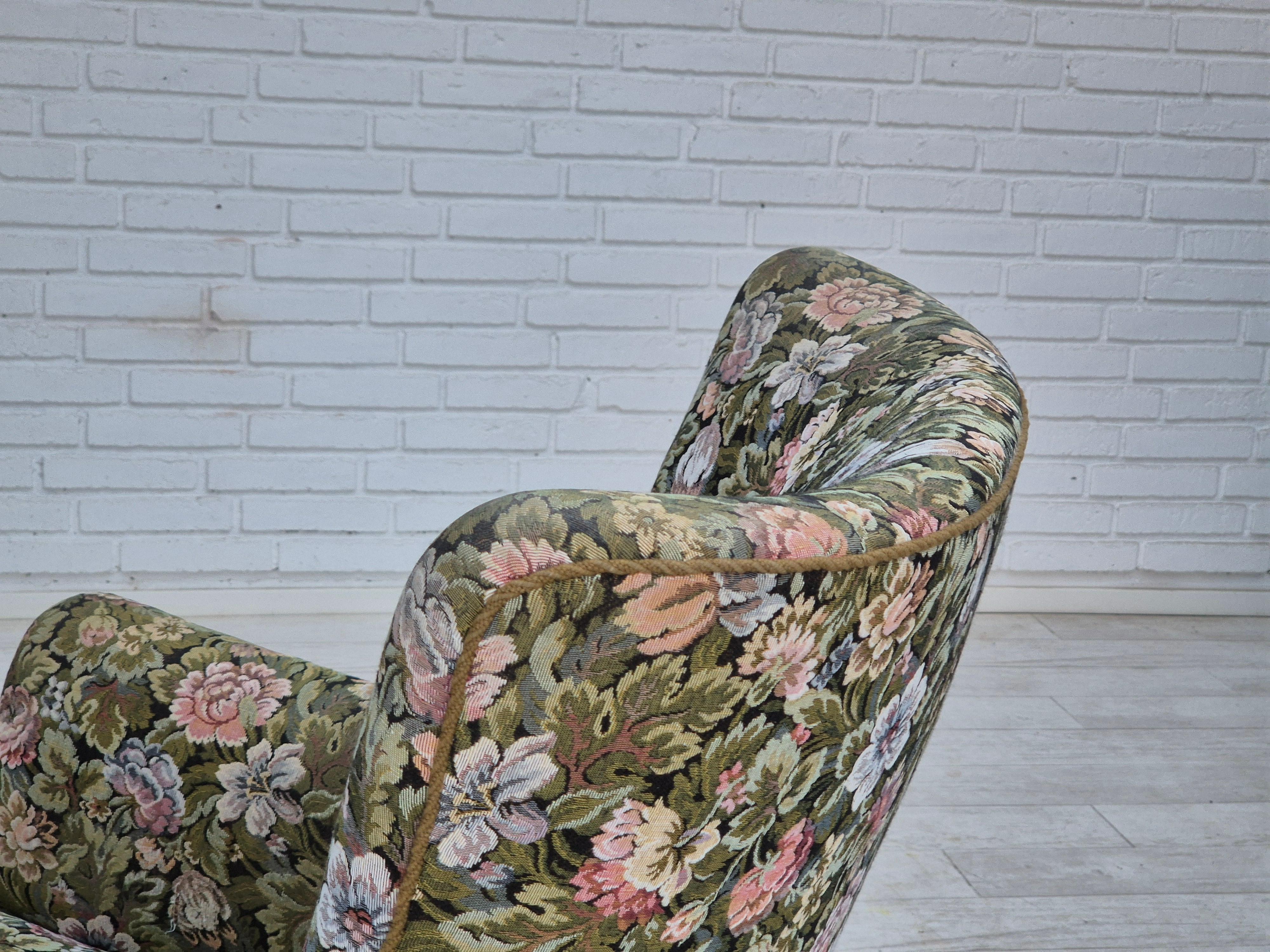 1970s, Danish armchair, reupholstered, flowers furniture fabric. For Sale 1