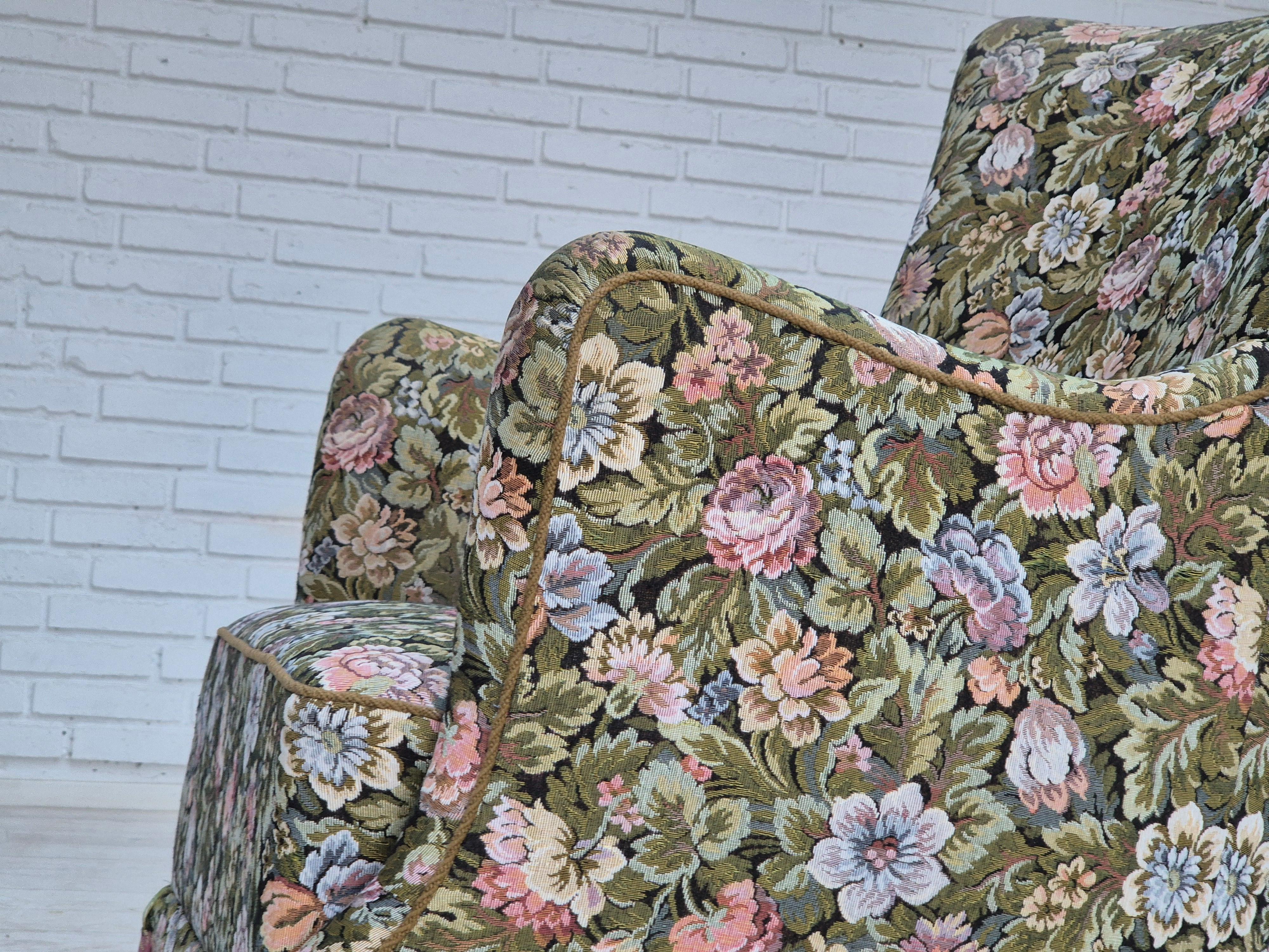 1970s, Danish armchair, reupholstered, flowers furniture fabric. For Sale 2