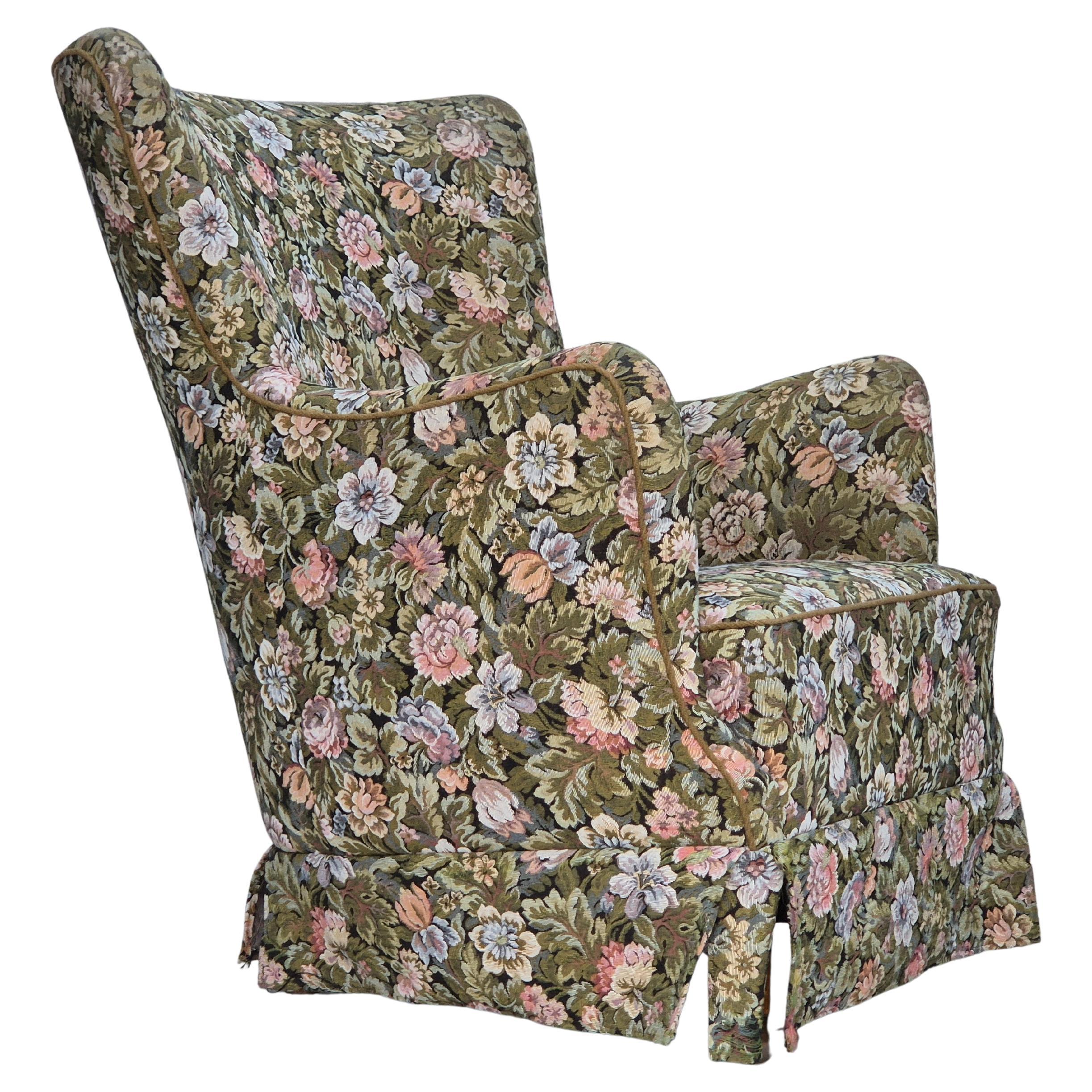 1970s, Danish armchair, reupholstered, flowers furniture fabric. For Sale