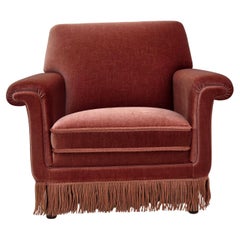 1970s, Danish armchair, salmon pink furniture velour, beech wood.