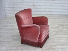 1970s, Danish armchair, salmon pink furniture velour, oak wood legs.
