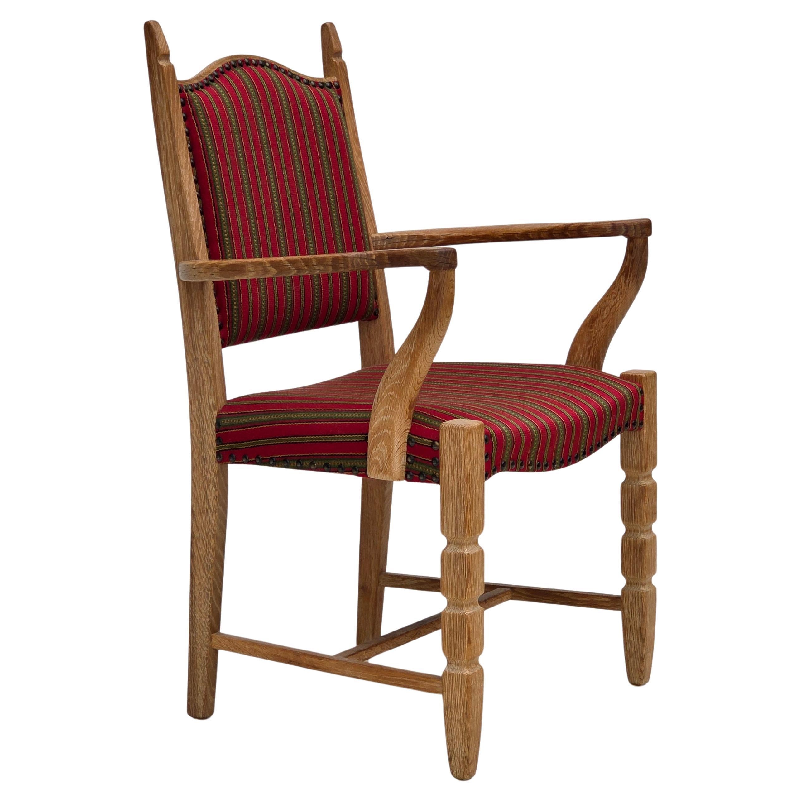 1970s, Danish armchair, striped red furniture wool, solid oak wood.
