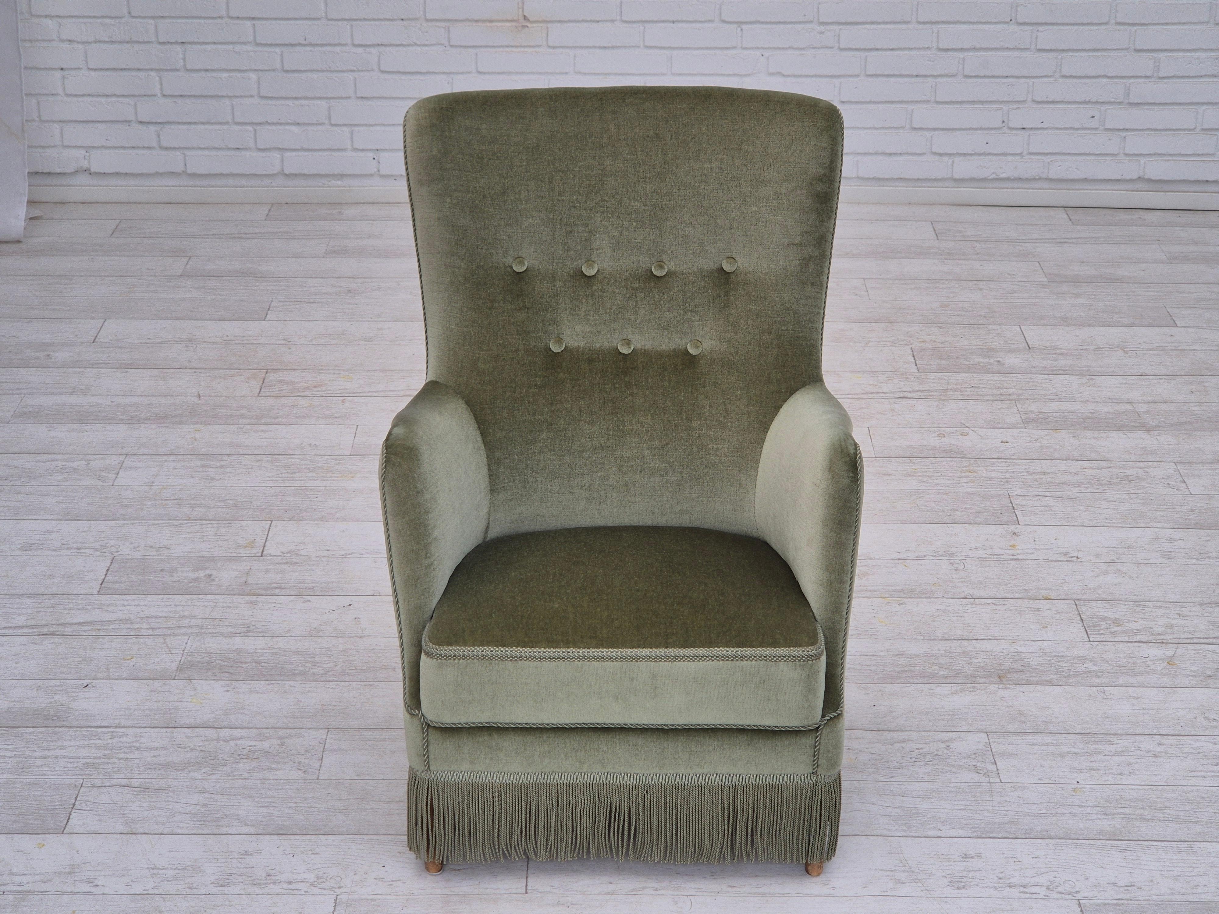 1970s, Danish armchair, velour, beech wood, original excellent condition. In Excellent Condition For Sale In Tarm, 82